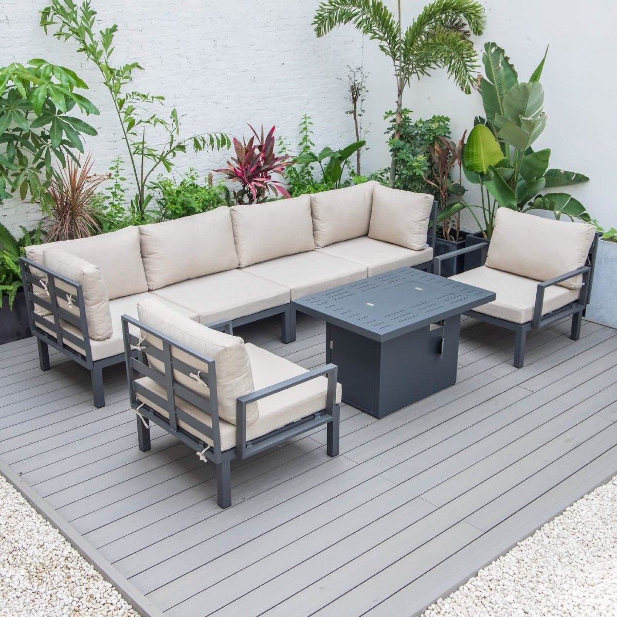 Hamilton 7-Piece Aluminum Patio Conversation Set With Fire Pit Table And Cushions Red Conversation Set Leisuremod