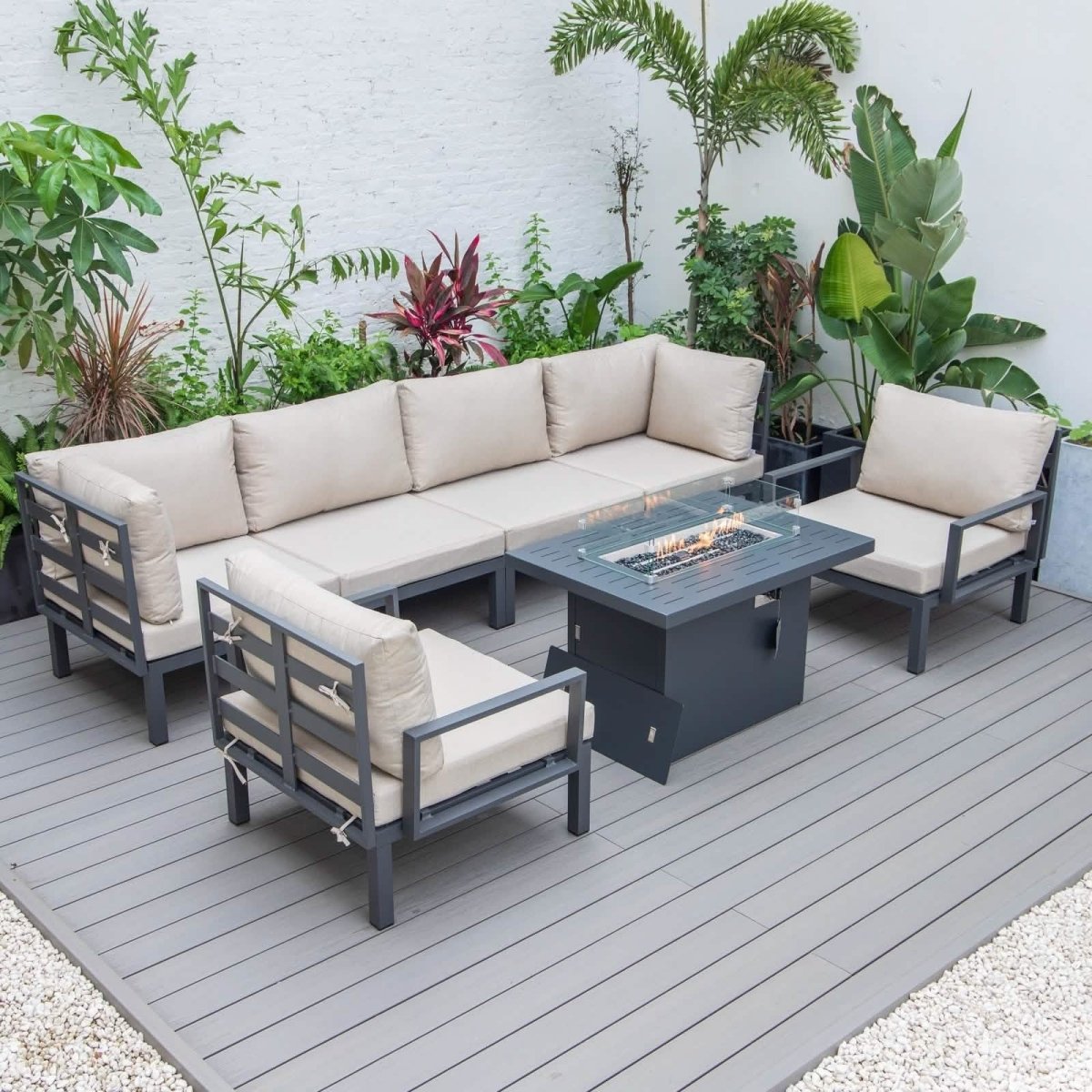Hamilton 7-Piece Aluminum Patio Conversation Set With Fire Pit Table And Cushions Red Conversation Set Leisuremod
