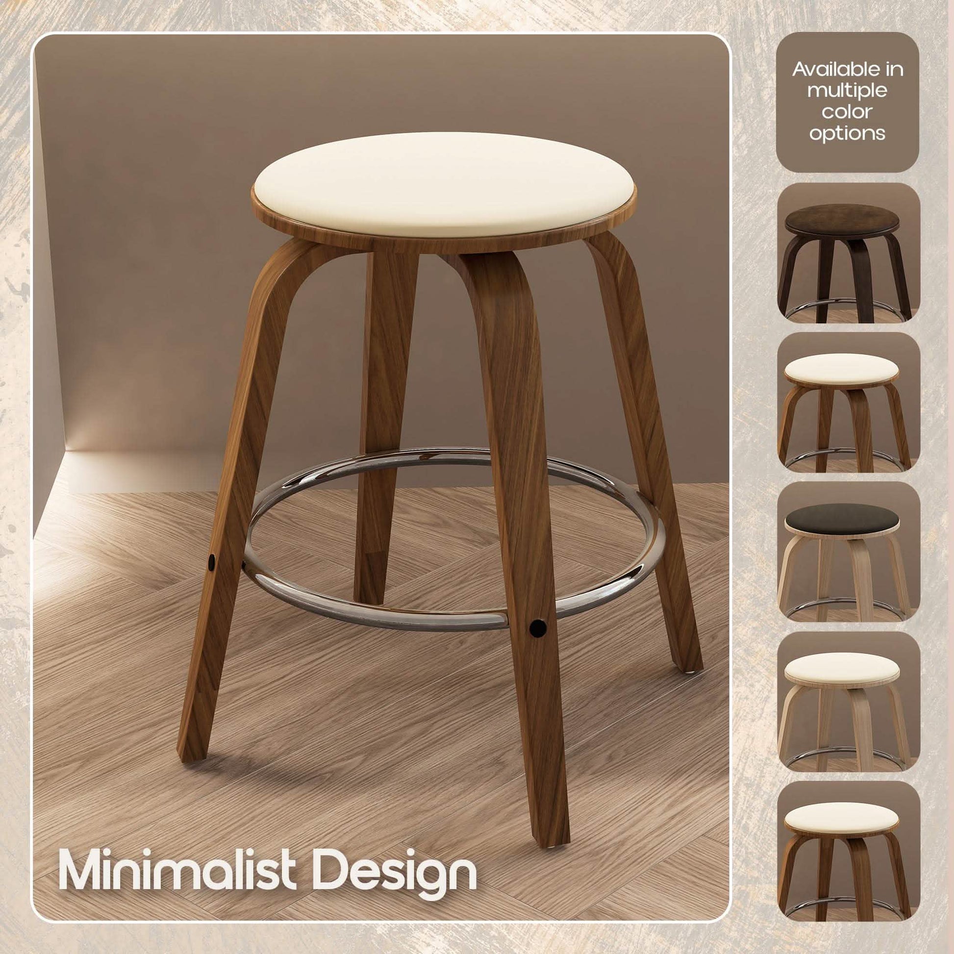 Pelya Modern Swivel Counter Stool Upholstered in Leather With Chrome Iron Footrest Walnut Light Taupe Counter Stool Leisuremod