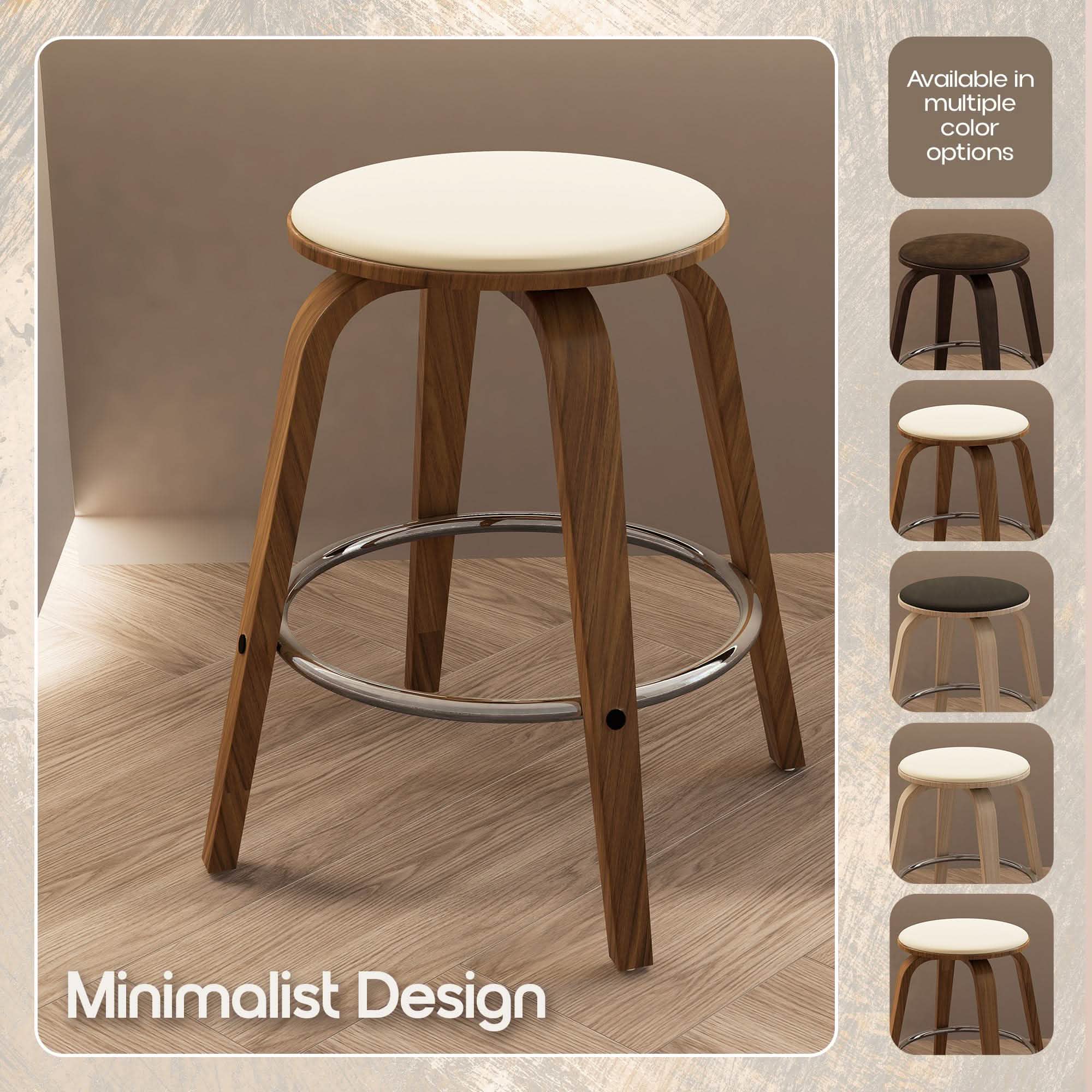 Pelya Modern Swivel Counter Stool Upholstered in Leather With Chrome Iron Footrest Walnut Light Taupe Counter Stool Leisuremod