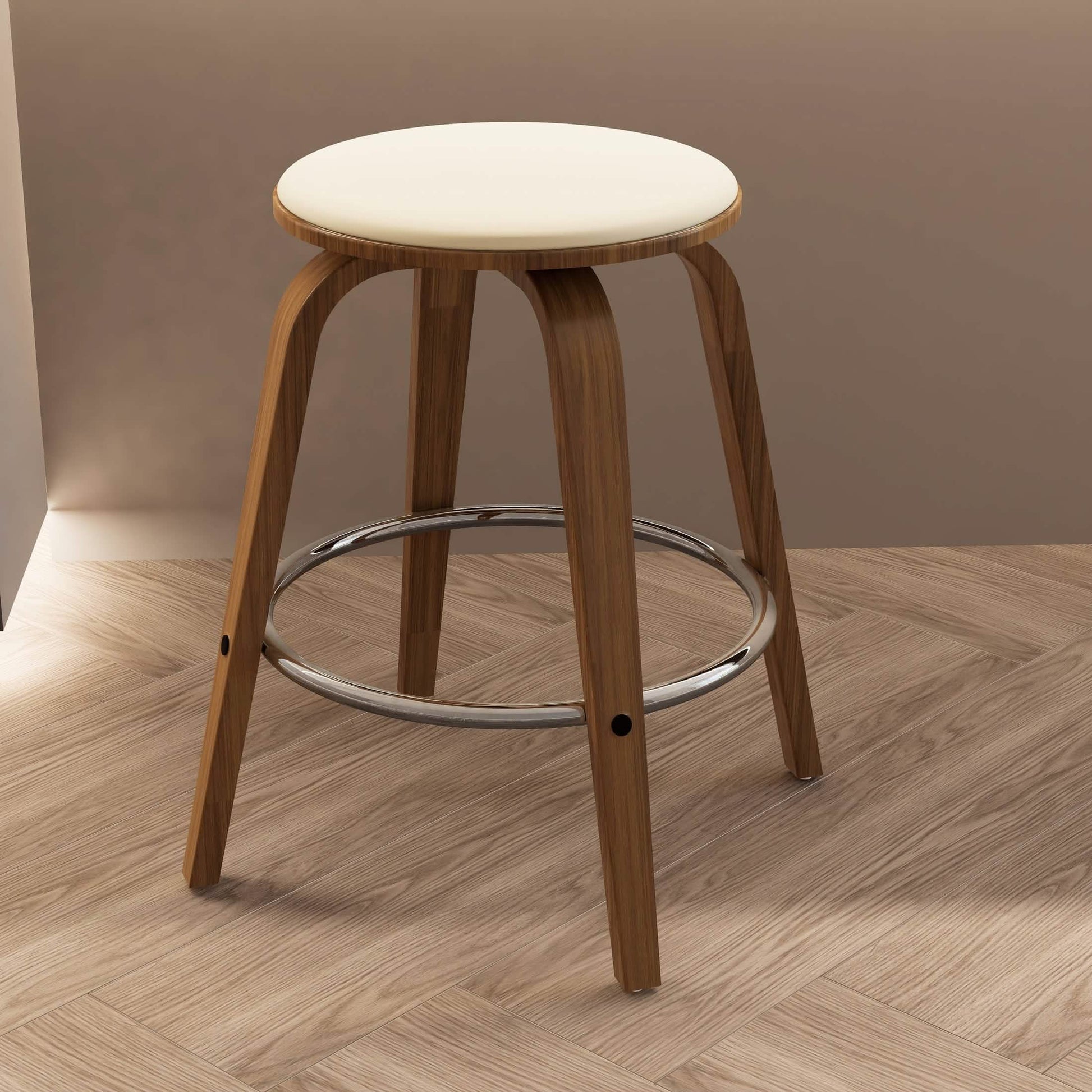 Pelya Modern Swivel Counter Stool Upholstered in Leather With Chrome Iron Footrest Walnut Light Taupe Counter Stool Leisuremod