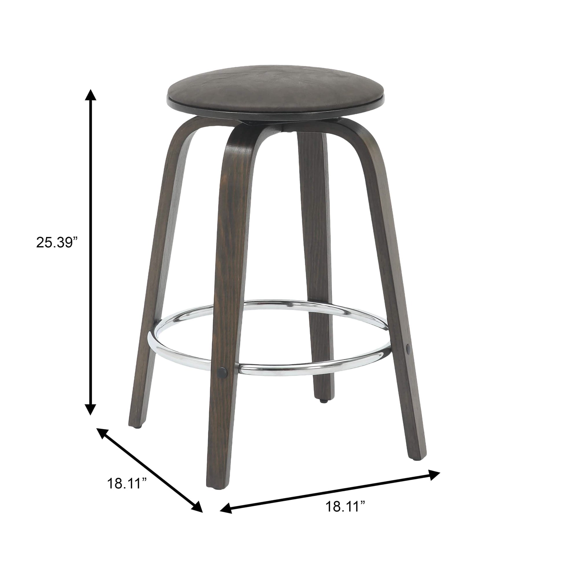 Pelya Modern Swivel Counter Stool Upholstered in Leather With Chrome Iron Footrest Dark Walnut Brown Counter Stool Leisuremod