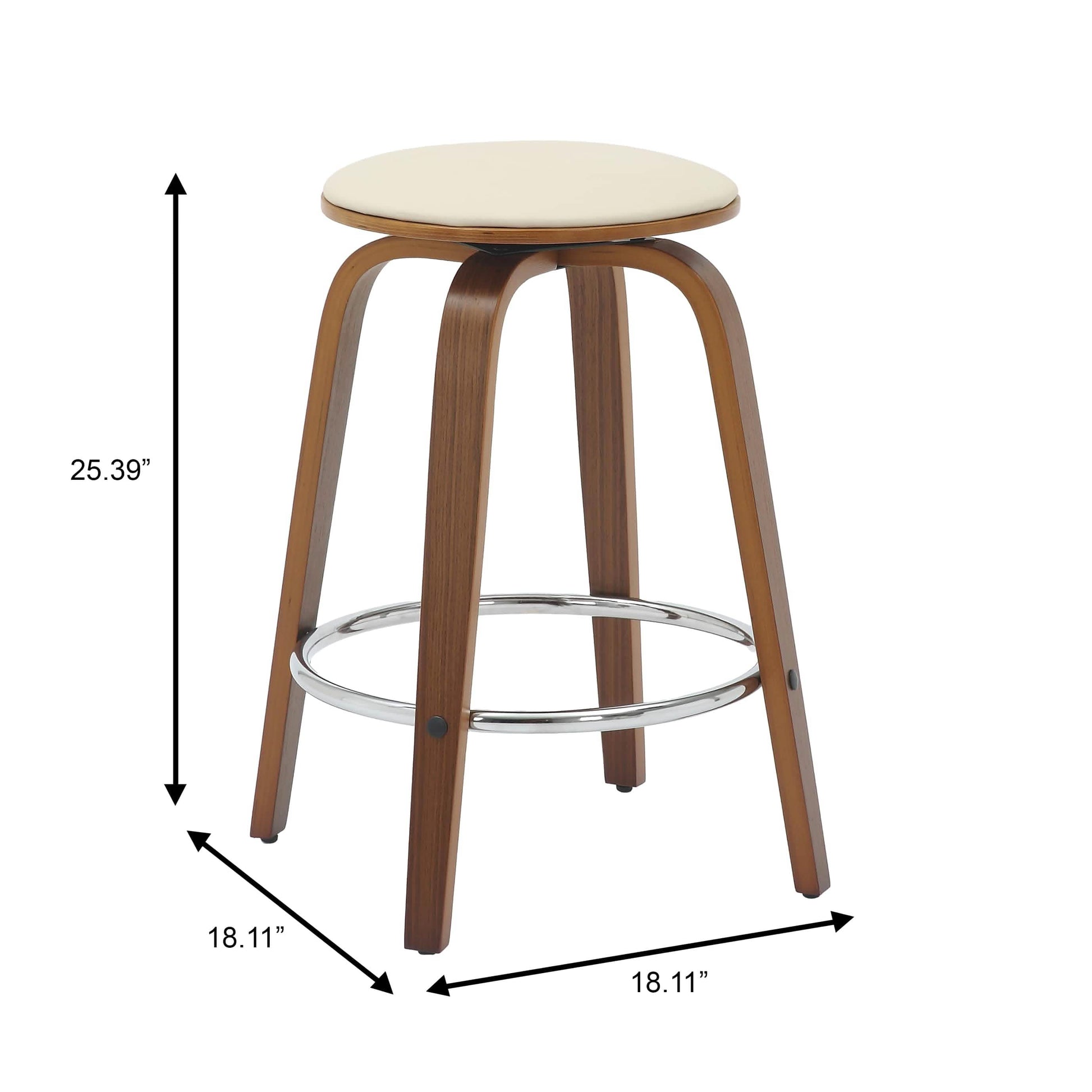 Pelya Modern Swivel Counter Stool Upholstered in Leather With Chrome Iron Footrest Walnut Light Taupe Counter Stool Leisuremod