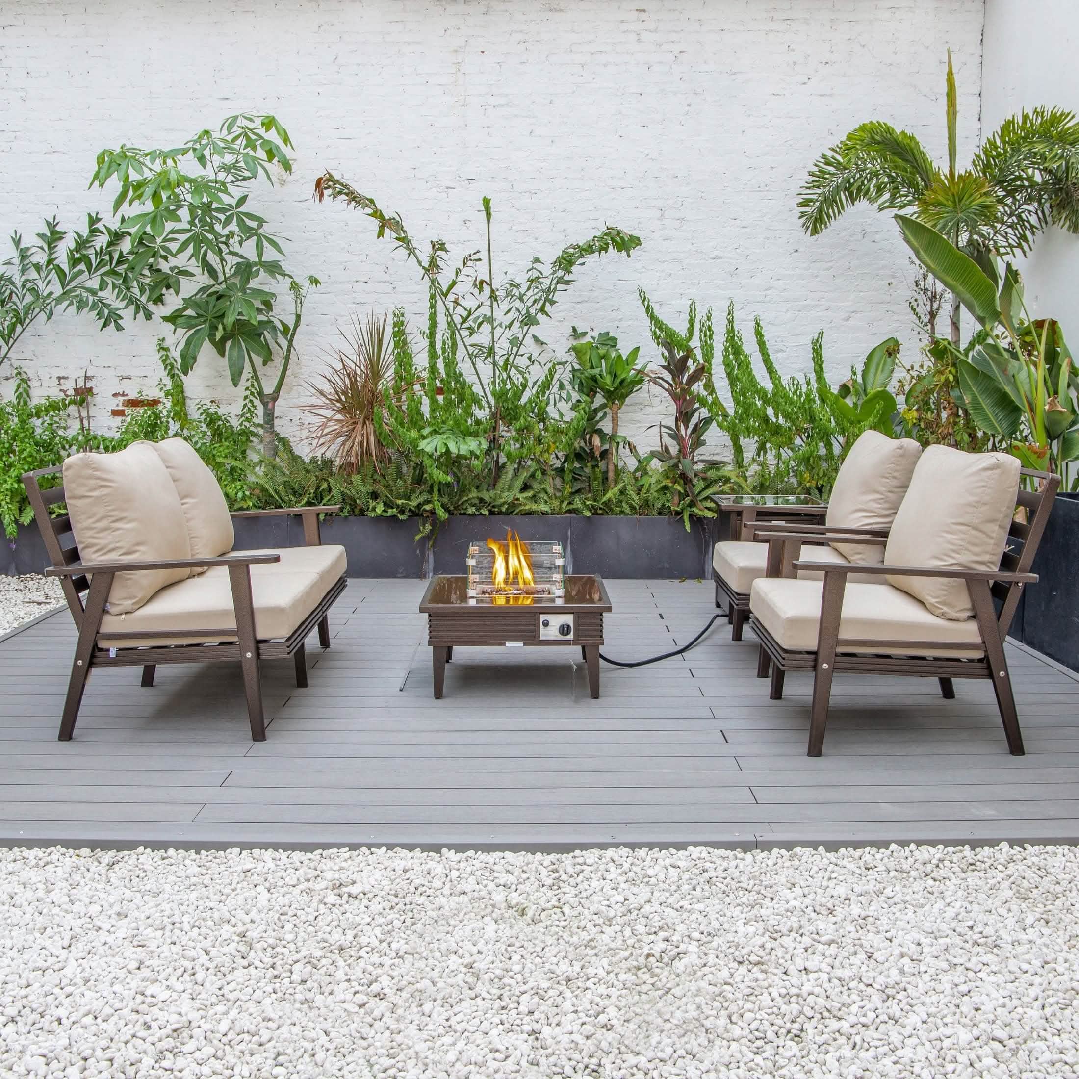 Leisuremod Coversation Set Walbrooke Aluminum Patio Conversation With Slats Design Fire Pit Table & Tank Holder