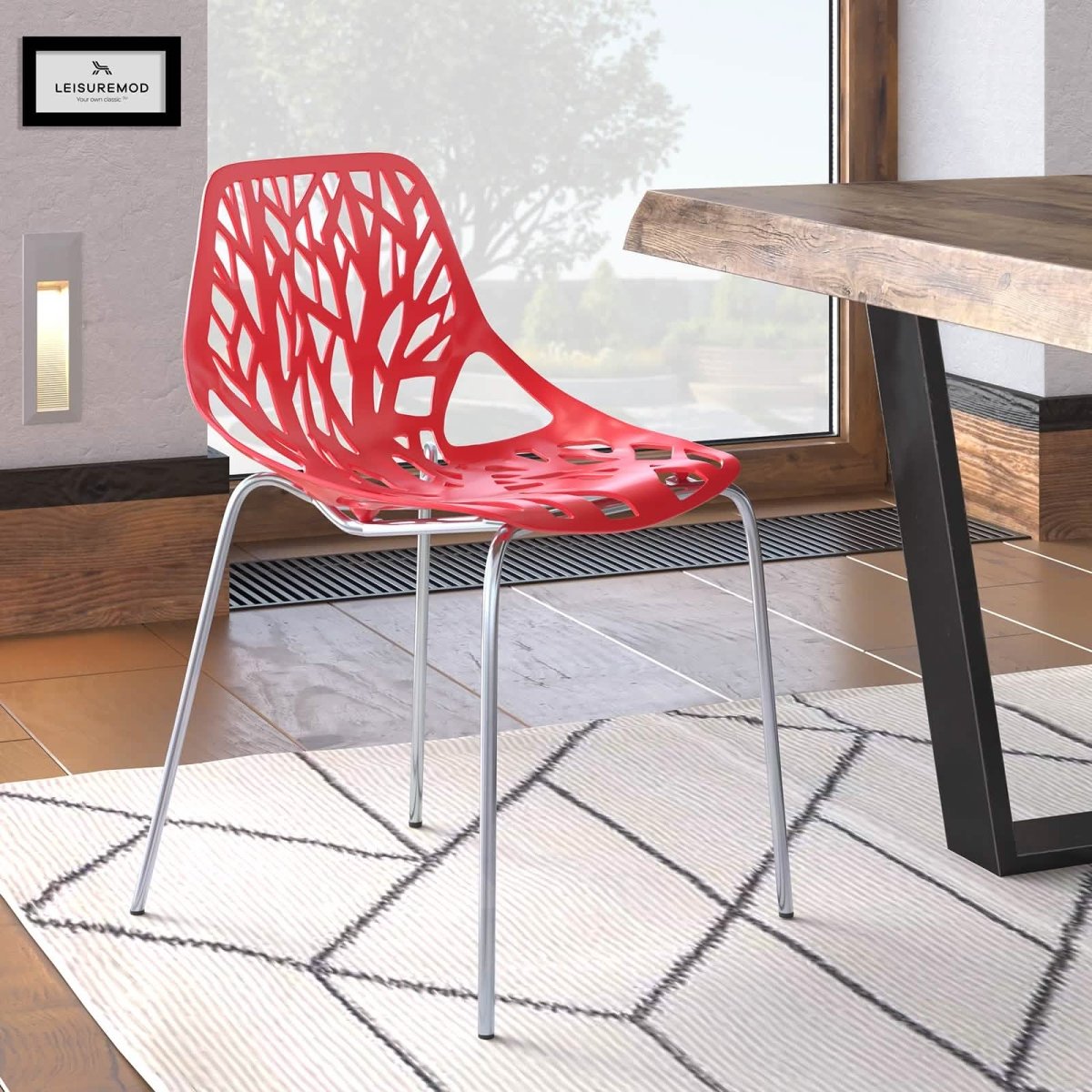 Leisuremod Dining Chair Asbury Polypropylene Dining Side Chair with Forest Cut-Out Design in Chrome