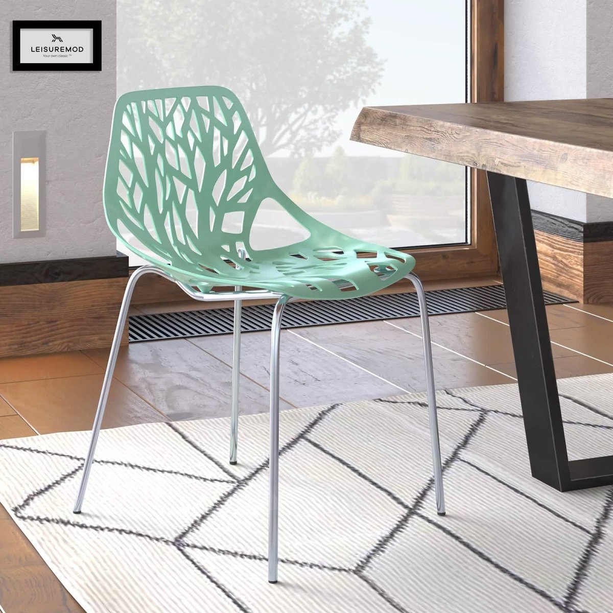 Leisuremod Dining Chair Asbury Polypropylene Dining Side Chair with Forest Cut-Out Design in Chrome
