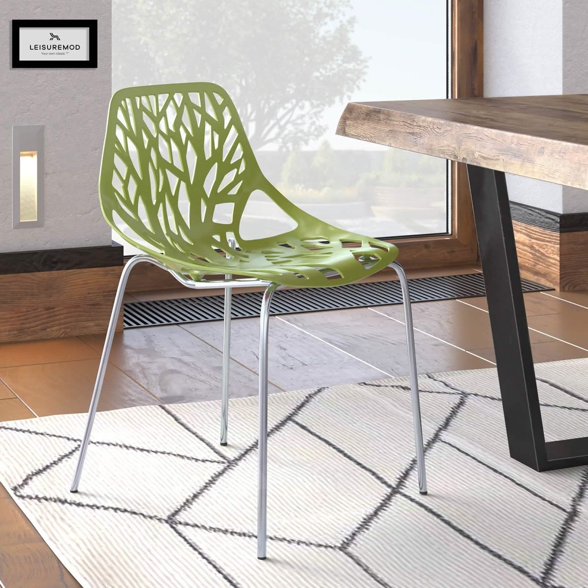 Leisuremod Dining Chair Asbury Polypropylene Dining Side Chair with Forest Cut-Out Design in Chrome