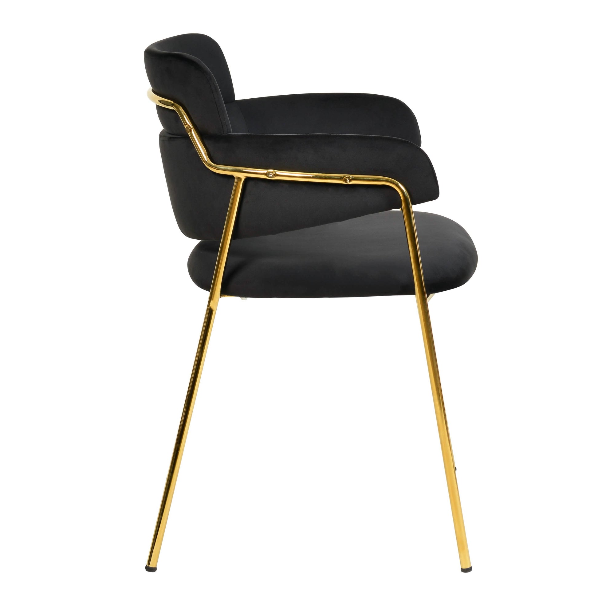 Axis Upholstered Dining Chair with Curved Open-Back and Arms and Black/Gold Stainless Steel Legs Gold Velvet Black Dining Chair Leisuremod