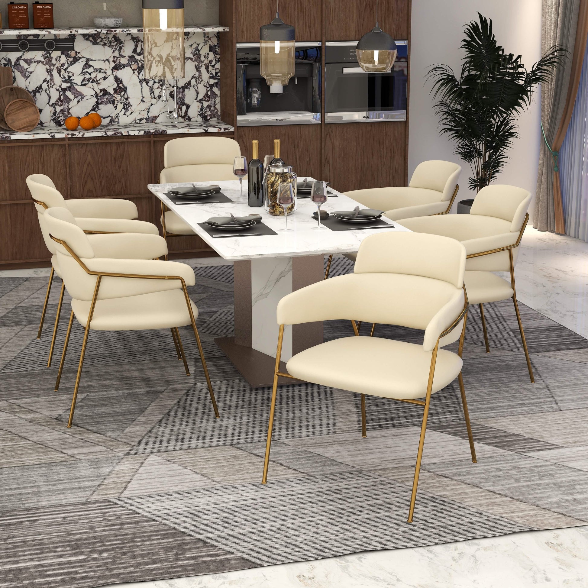 Axis Upholstered Dining Chair with Curved Open-Back and Arms and Black/Gold Stainless Steel Legs Gold Velvet Beige Dining Chair Leisuremod