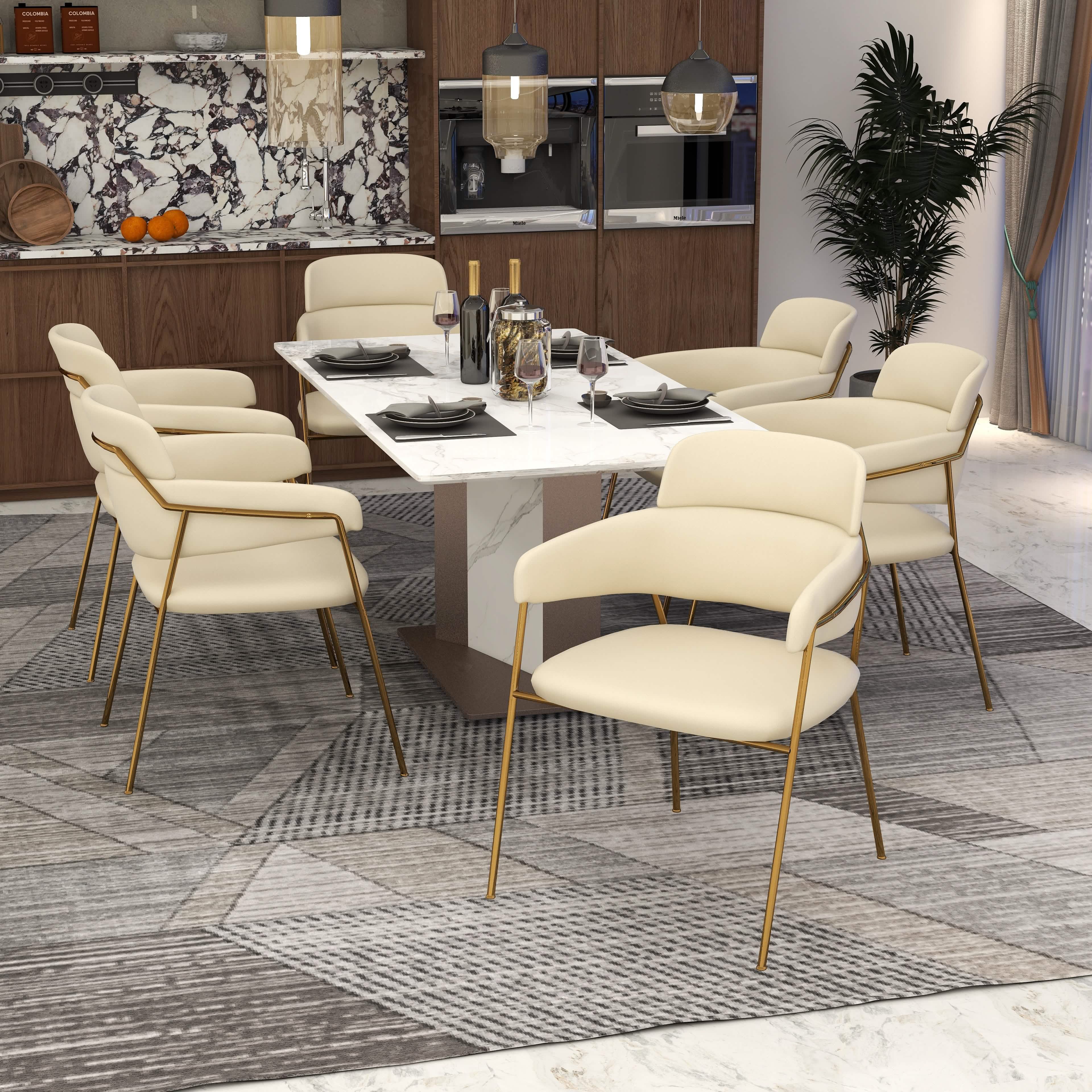 Axis Upholstered Dining Chair with Curved Open-Back and Arms and Black/Gold Stainless Steel Legs Gold Velvet Beige Dining Chair Leisuremod