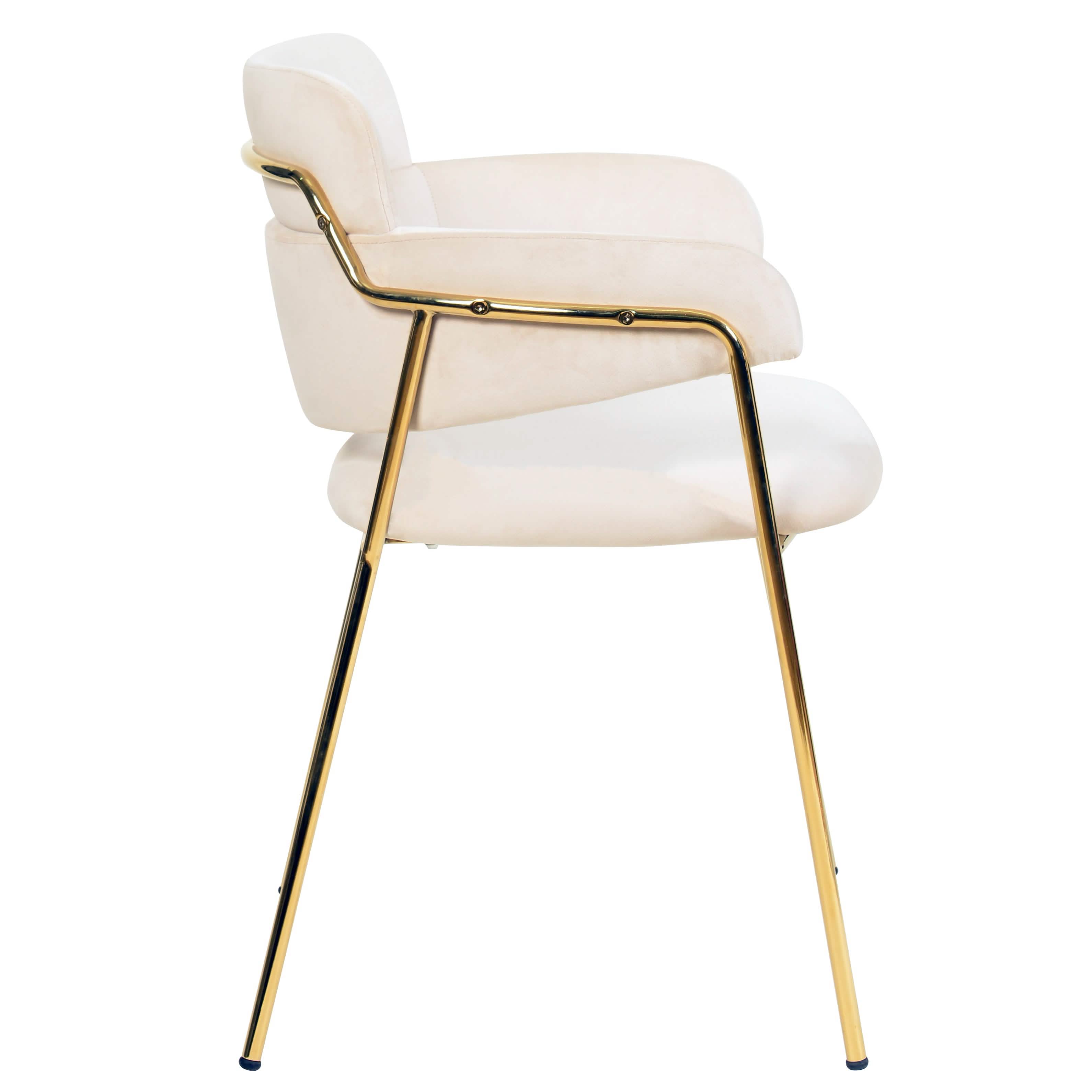 Axis Upholstered Dining Chair with Curved Open-Back and Arms and Black/Gold Stainless Steel Legs Gold Velvet Beige Dining Chair Leisuremod