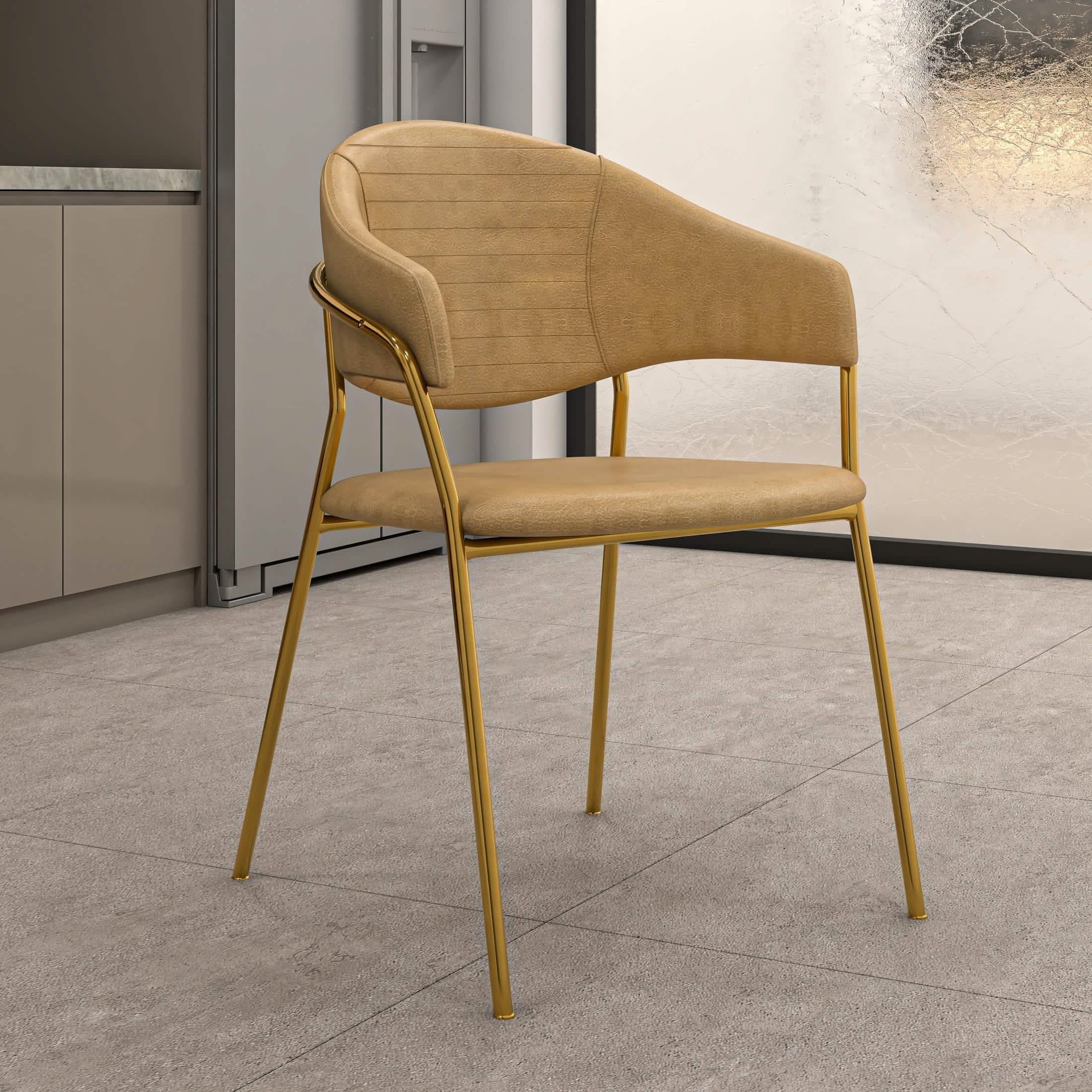 Bella Dining Chair Upholsted in Leather or Velvet in Gold Stainless Steel Taupe Leather Dining Chair Leisuremod