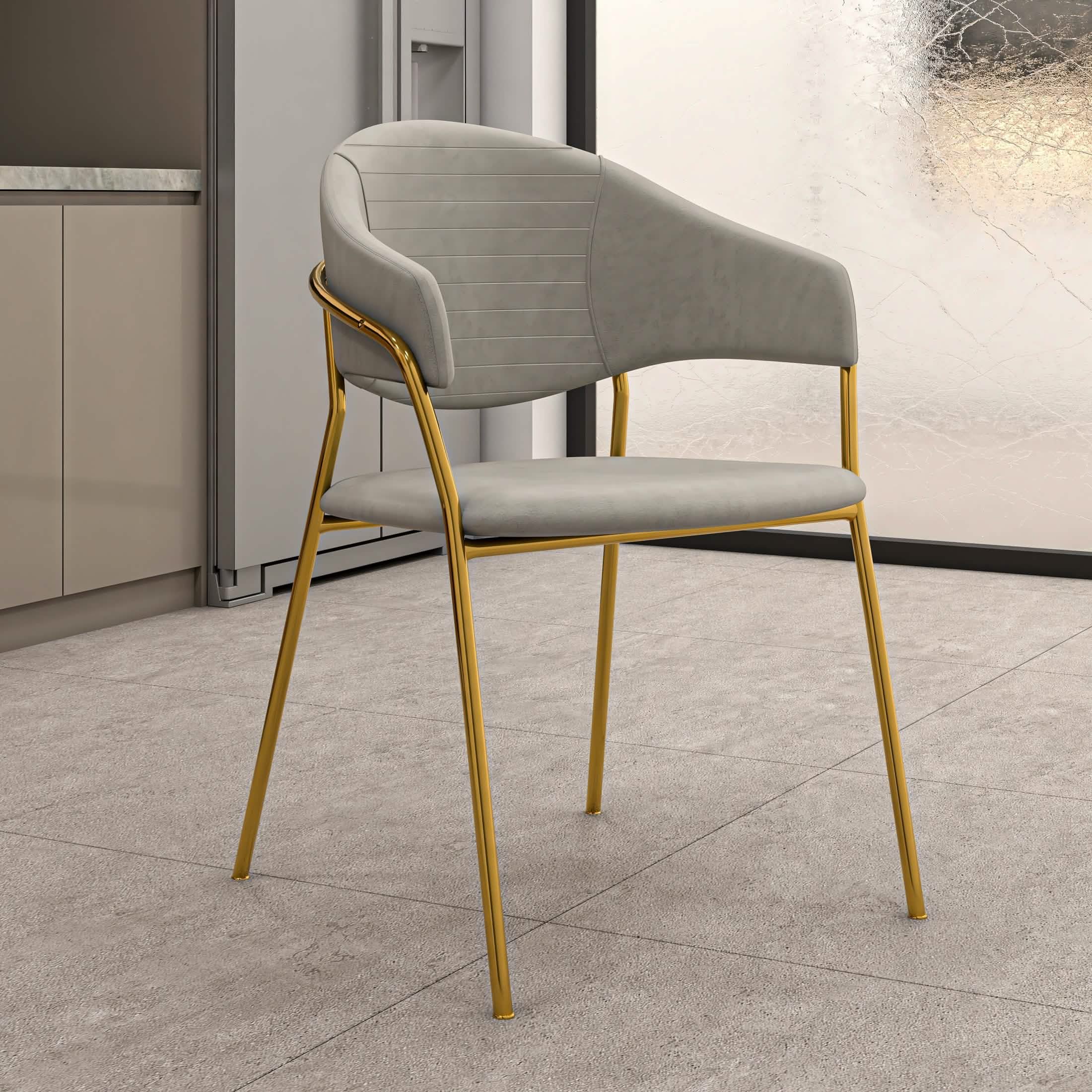 Bella Dining Chair Upholsted in Leather or Velvet in Gold Stainless Steel Light Grey Velvet Dining Chair Leisuremod