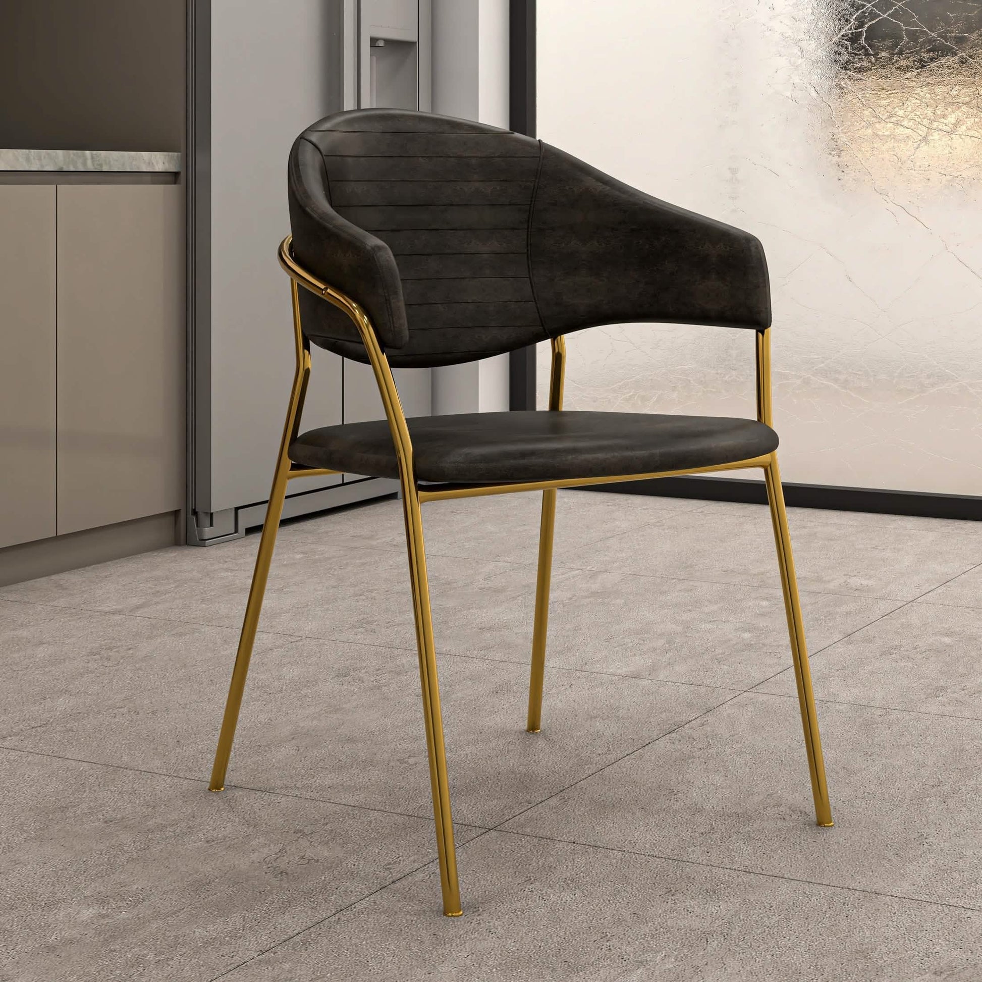 Bella Dining Chair Upholsted in Leather or Velvet in Gold Stainless Steel Charcoal Leather Dining Chair Leisuremod