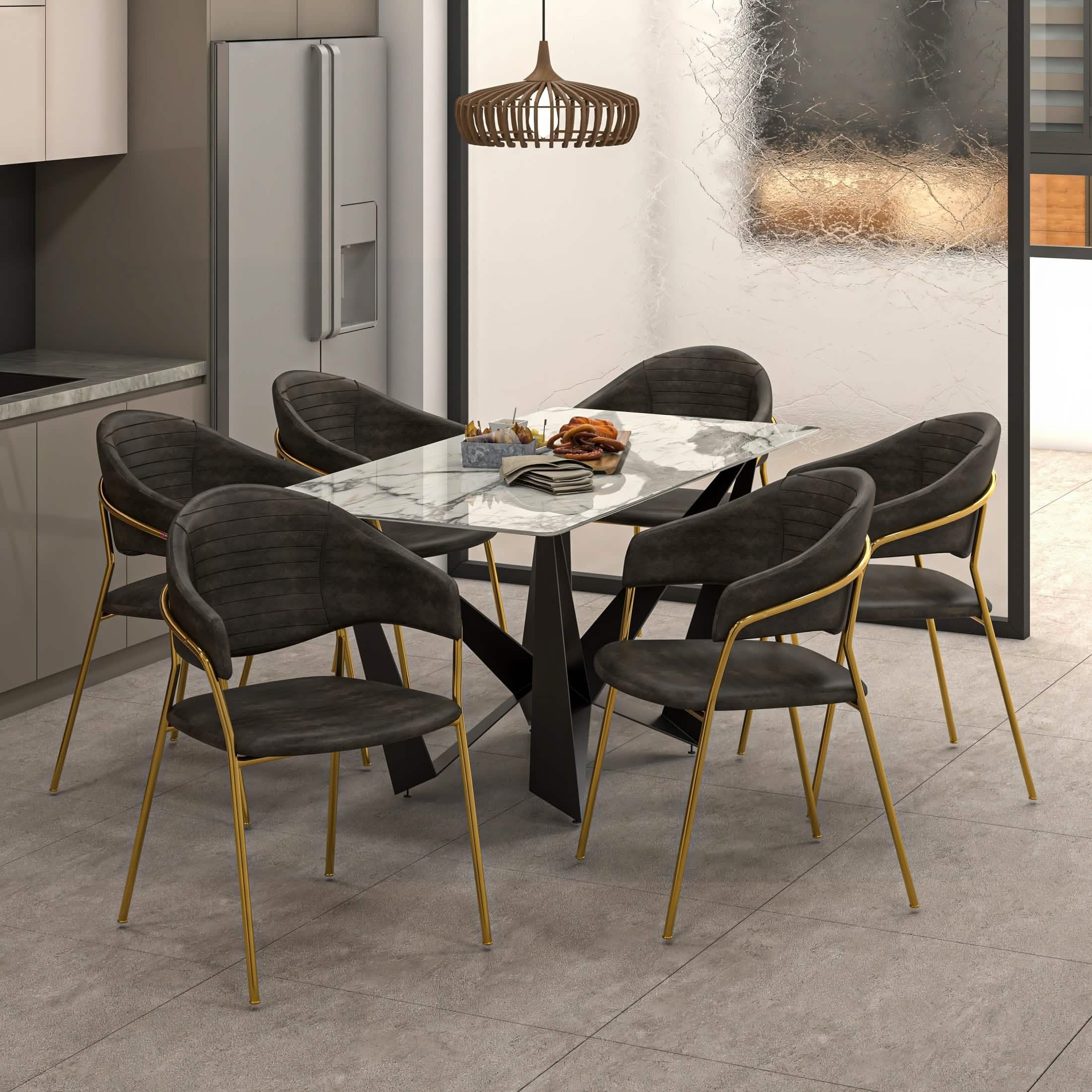 Bella Dining Chair Upholsted in Leather or Velvet in Gold Stainless Steel Charcoal Leather Dining Chair Leisuremod