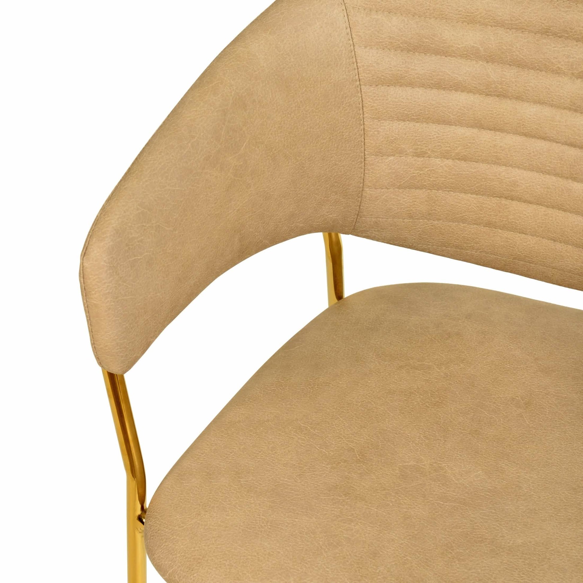 Bella Dining Chair Upholsted in Leather or Velvet in Gold Stainless Steel Taupe Leather Dining Chair Leisuremod