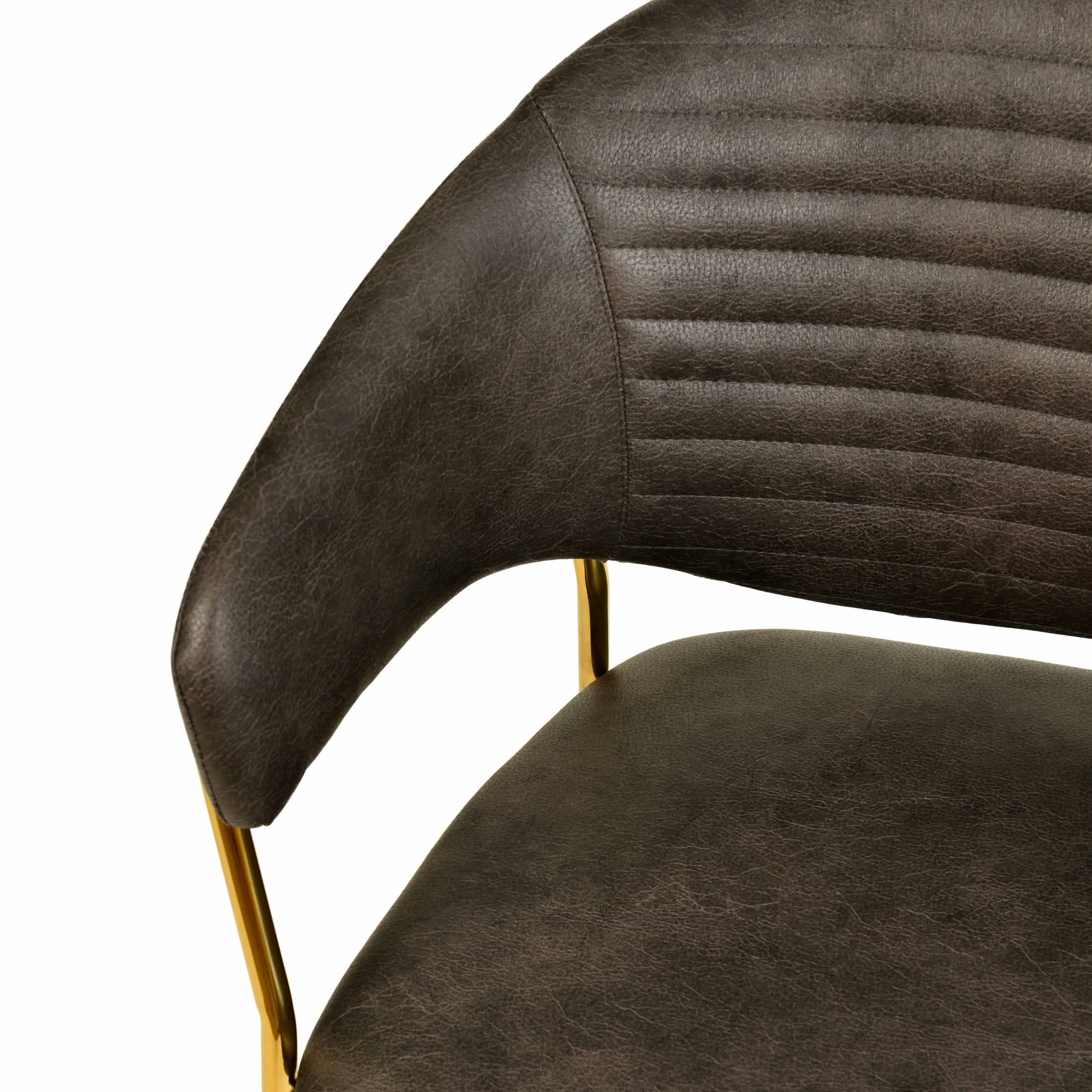 Bella Dining Chair Upholsted in Leather or Velvet in Gold Stainless Steel Charcoal Leather Dining Chair Leisuremod