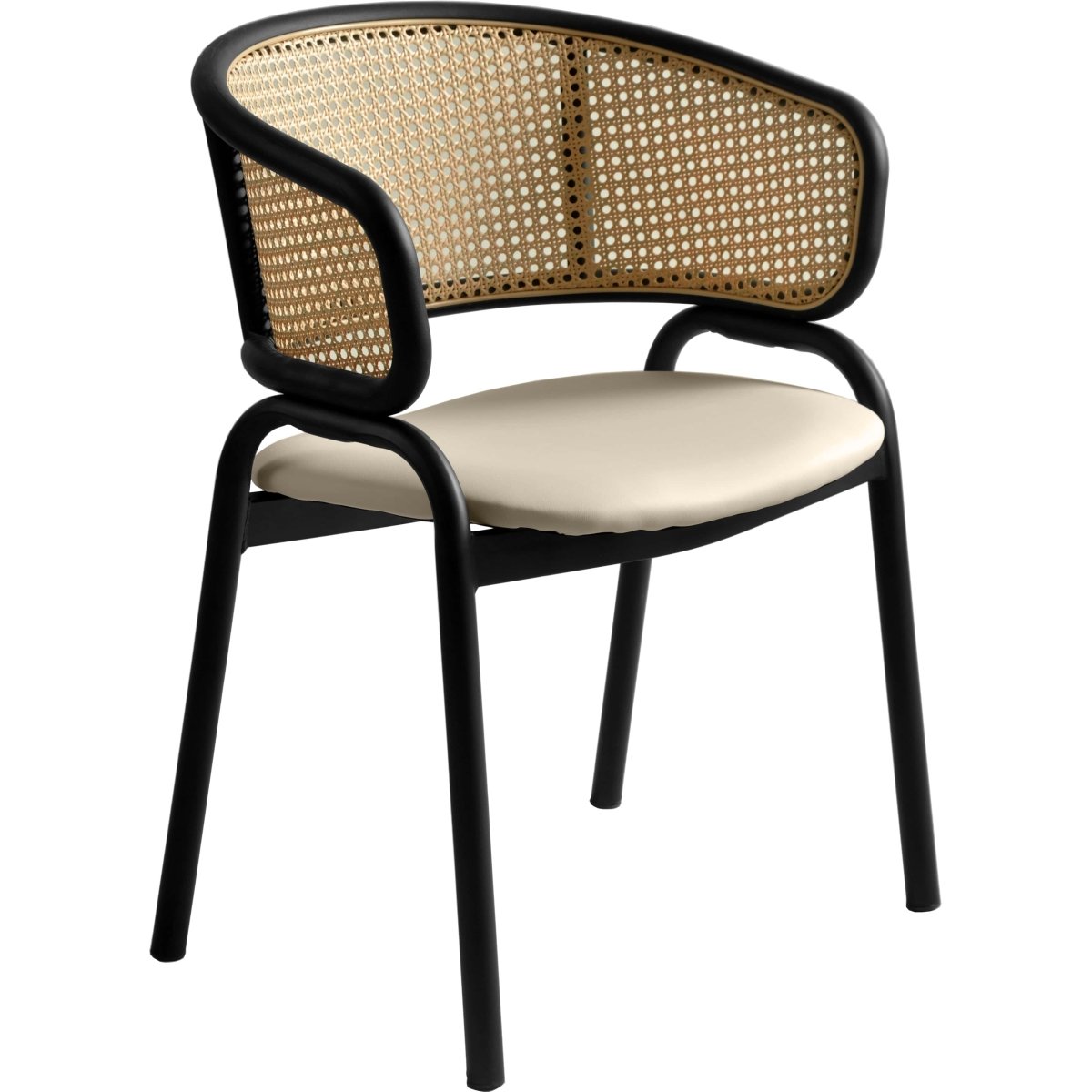 Leisuremod Dining Chair Black / Beige Ervilla Leather Dining Armchair in Black/White Stainless Steel Base With Wicker Back