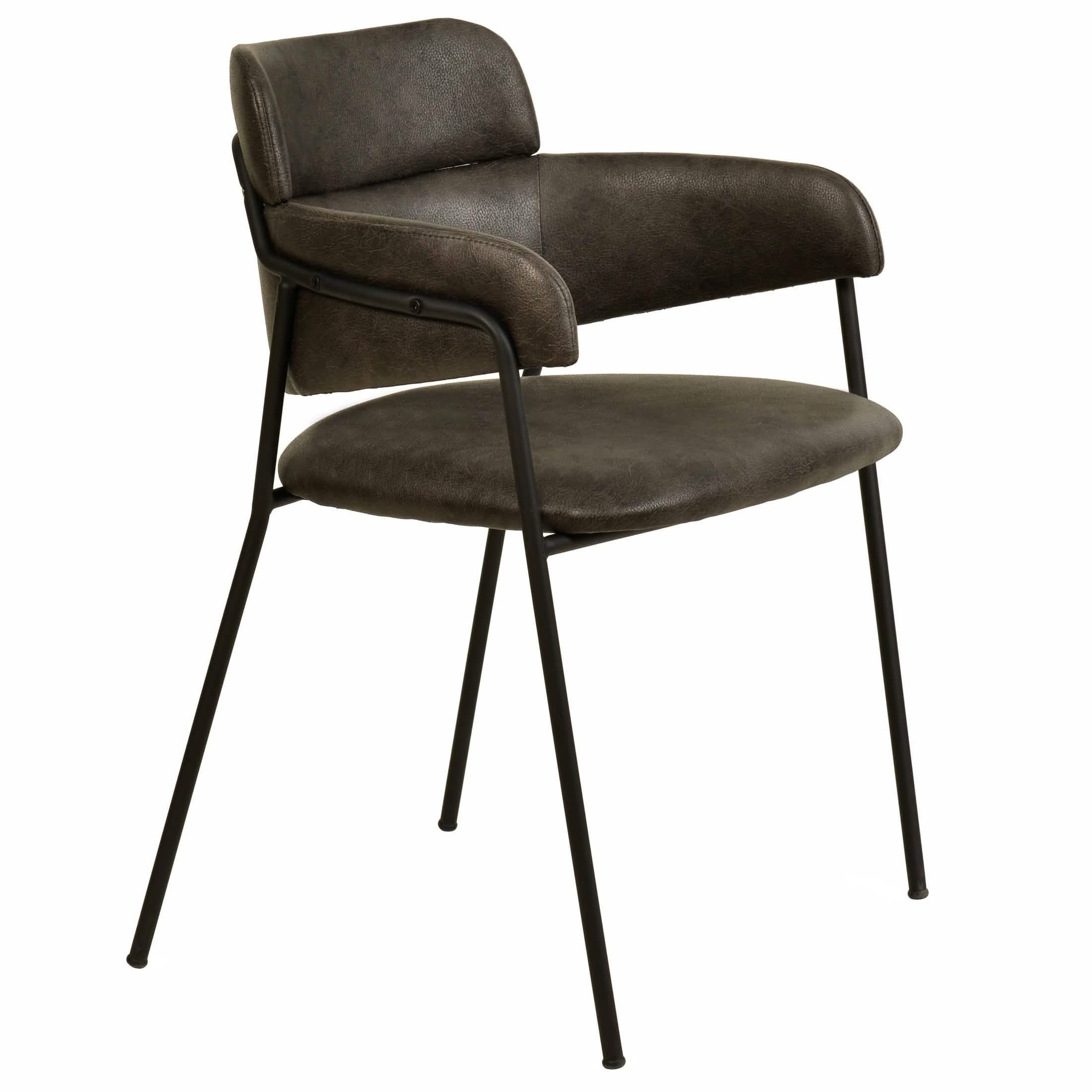 Axis Upholstered Dining Chair with Curved Open-Back and Arms and Black/Gold Stainless Steel Legs Black Leather Charcoal Dining Chair Leisuremod