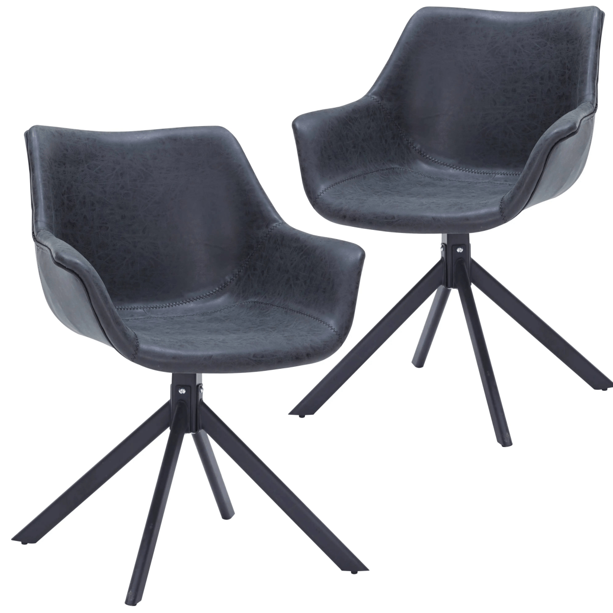 Leisuremod Dining Chair Black Markley Leather Swivel Dining Armchair with Black Iron Base Set of 2