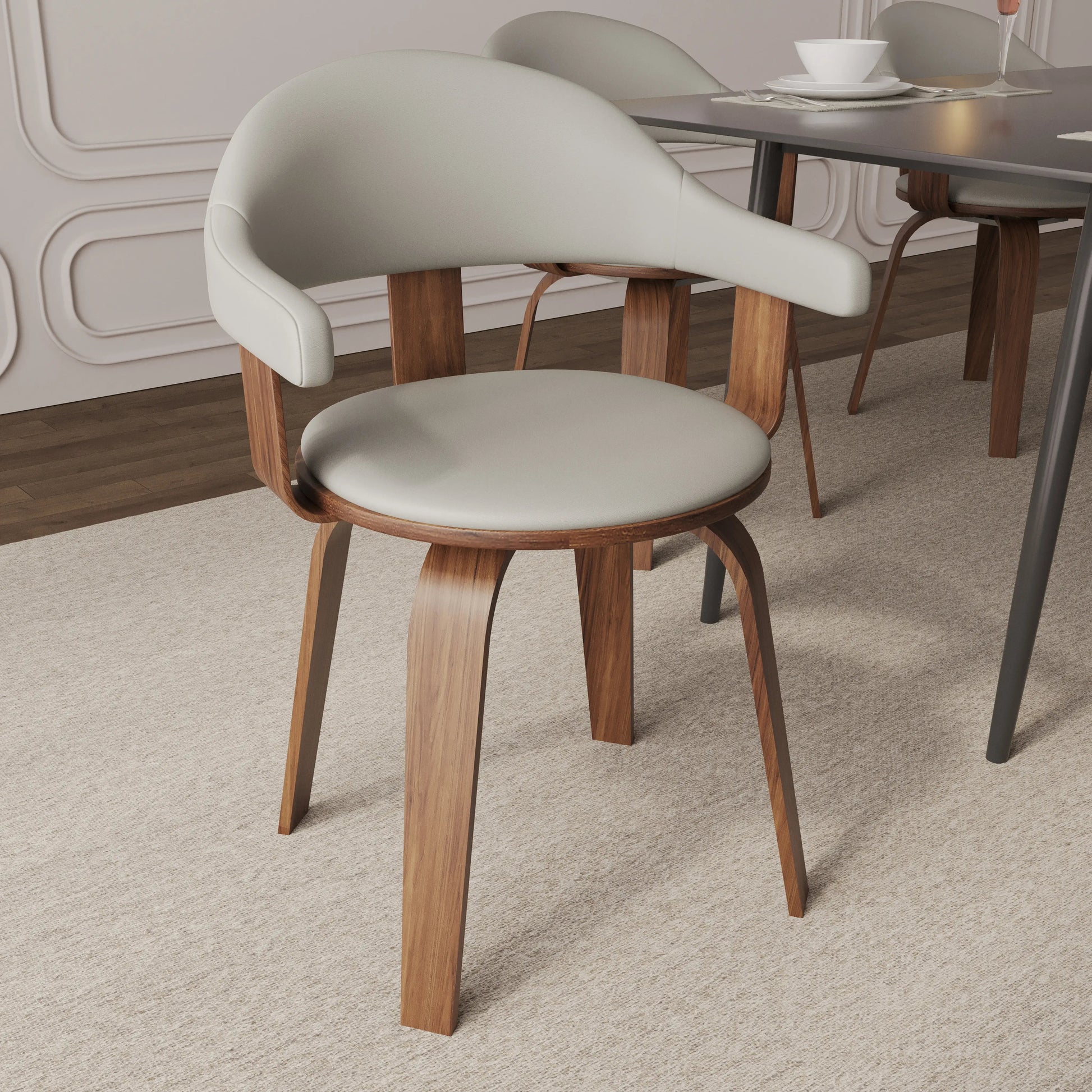 Leisuremod Dining Chair Brivo Leather Dining Chair with Wooden Legs, Open-Back Swivel Armchair with Poplar Wood Base Set of 2