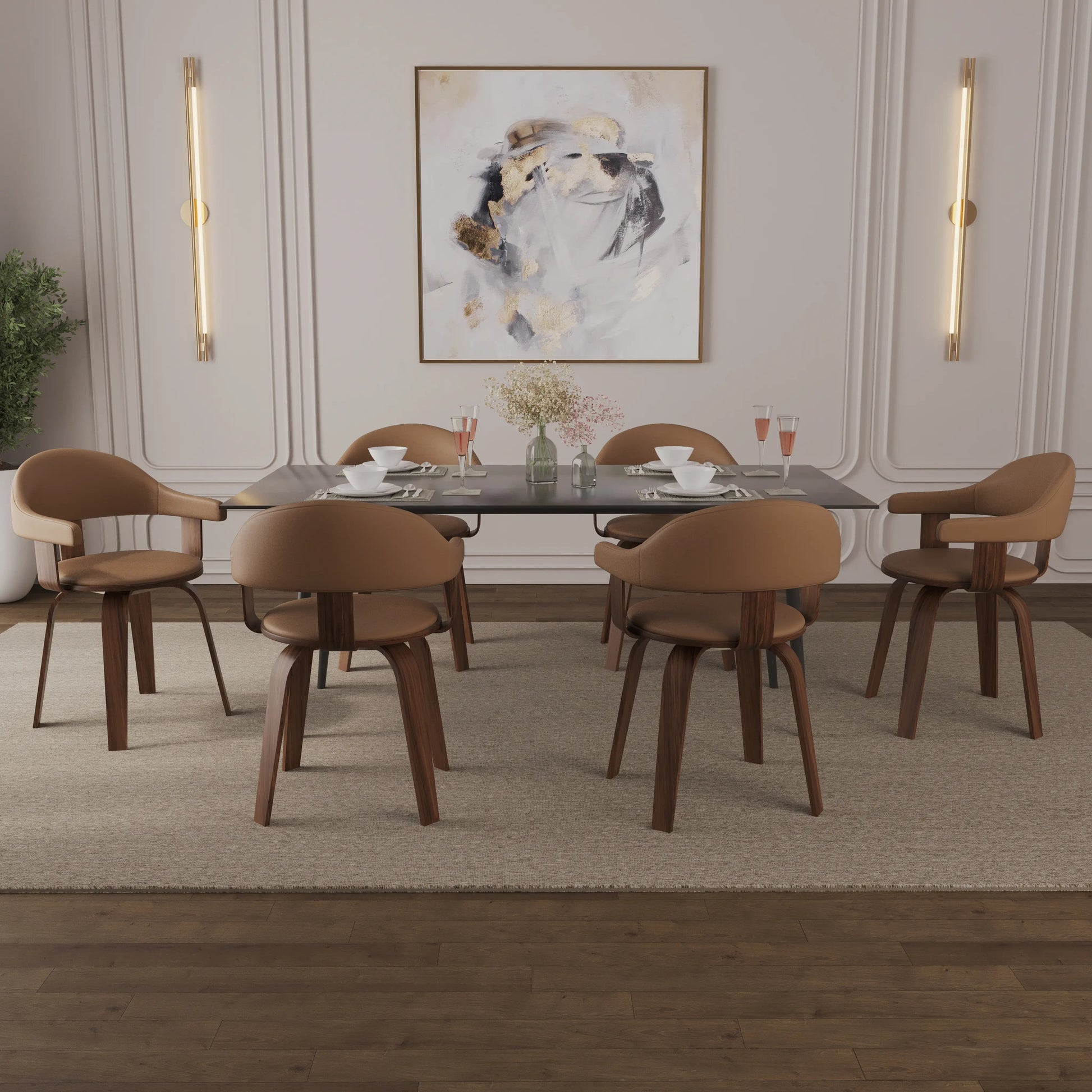 Leisuremod Dining Chair Brivo Leather Dining Chair with Wooden Legs, Open-Back Swivel Armchair with Poplar Wood Base Set of 2