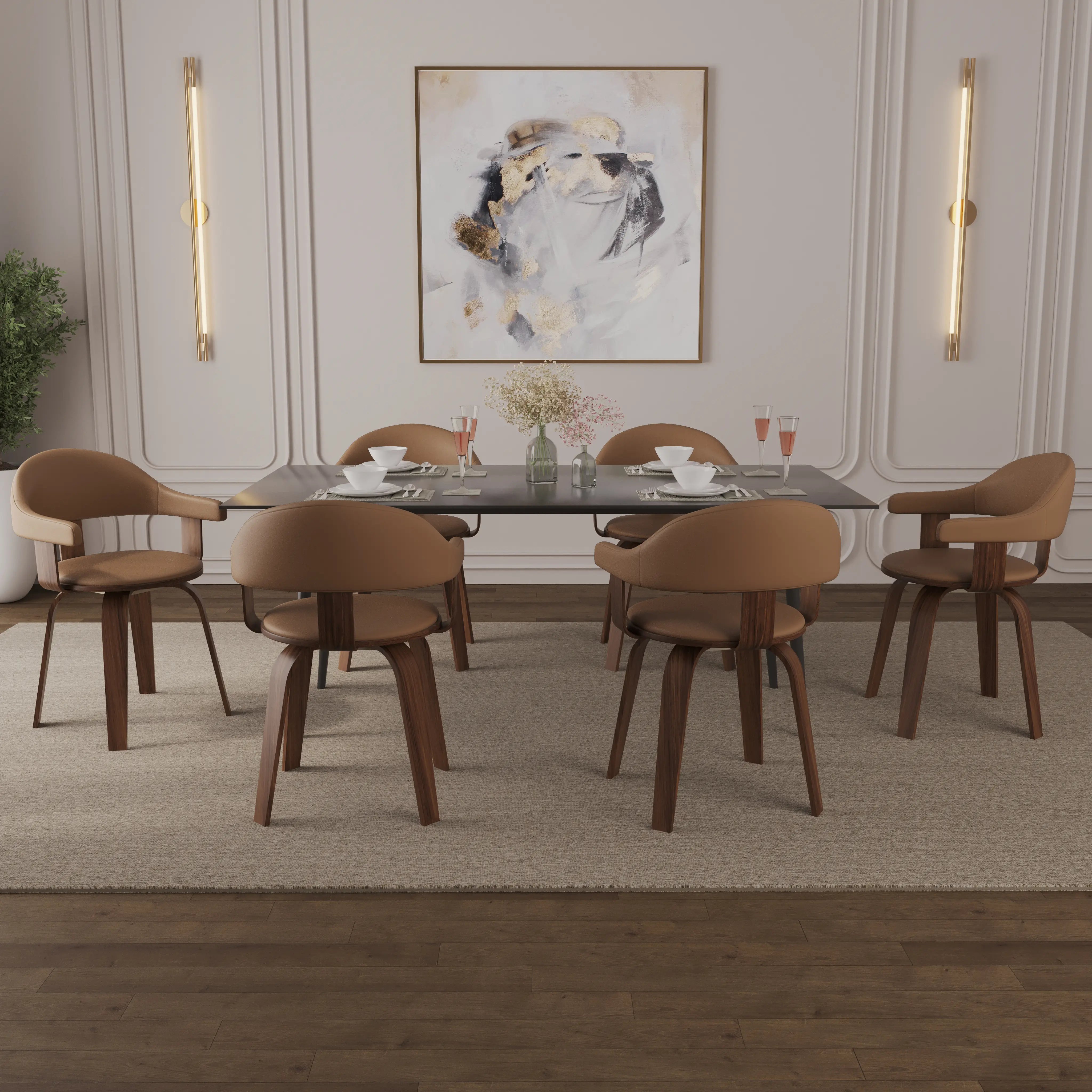 Leisuremod Dining Chair Brivo Leather Dining Chair with Wooden Legs, Open-Back Swivel Armchair with Poplar Wood Base Set of 2