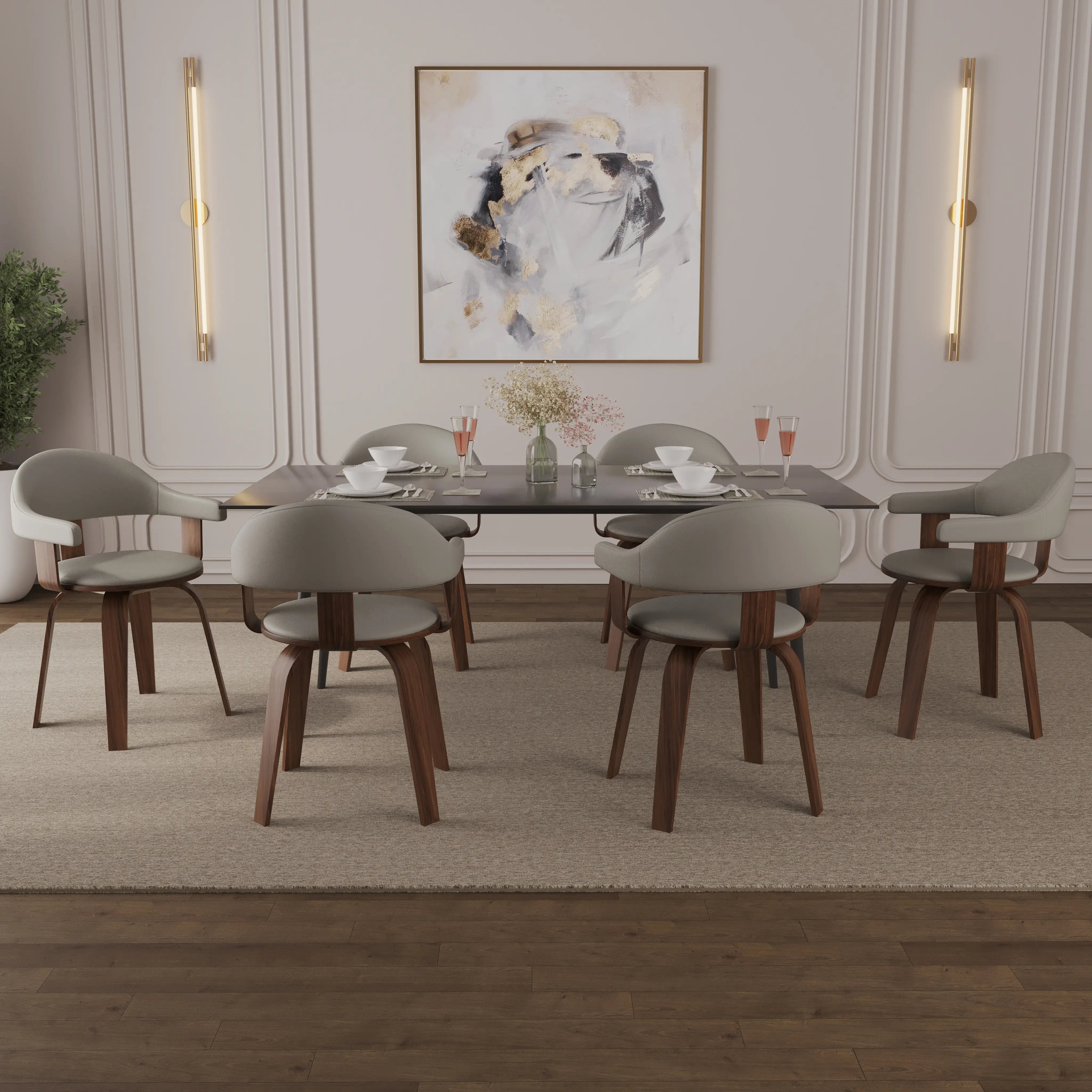 Leisuremod Dining Chair Brivo Leather Dining Chair with Wooden Legs, Open-Back Swivel Armchair with Poplar Wood Base Set of 4