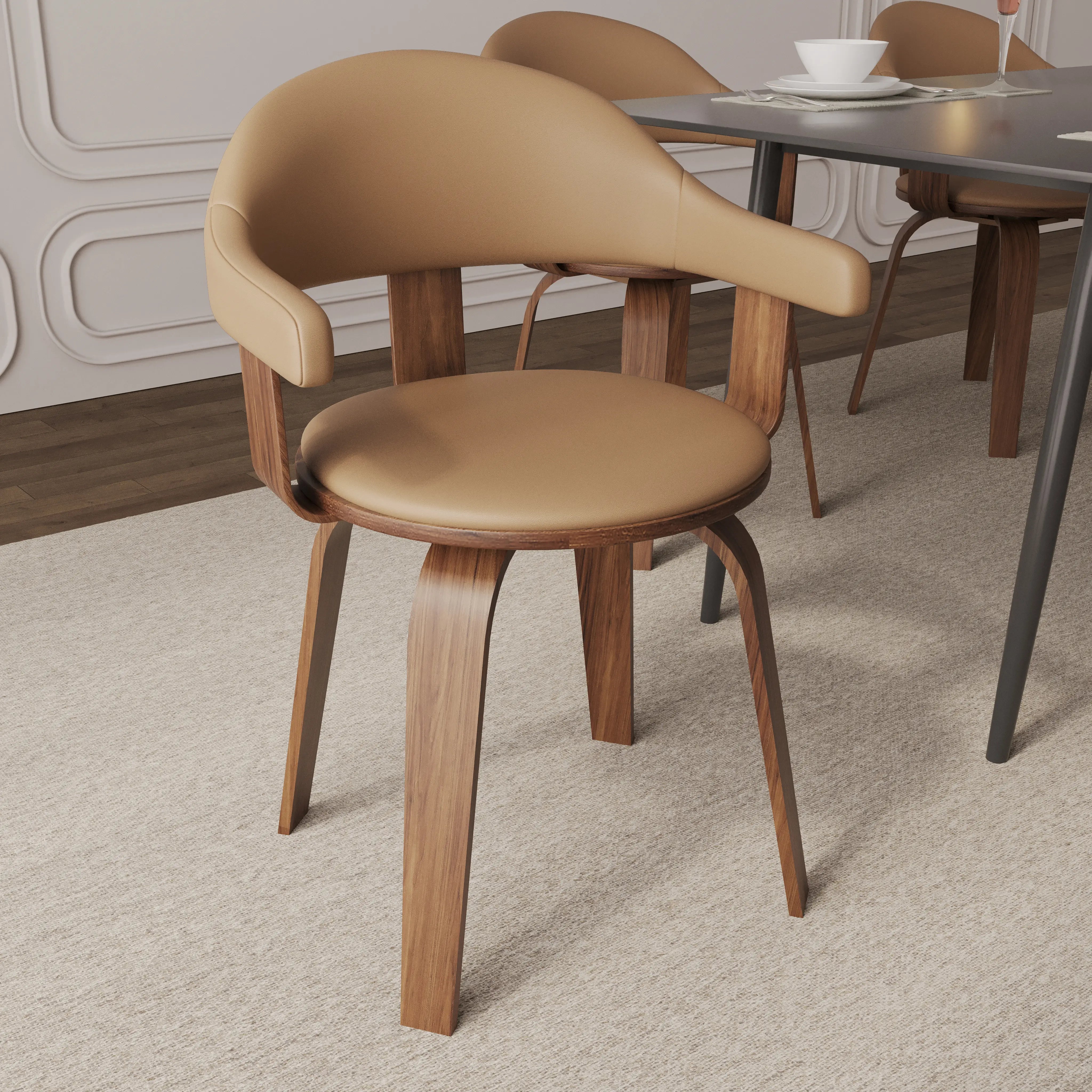 Leisuremod Dining Chair Brivo Leather Dining Chair with Wooden Legs, Open-Back Swivel Armchair with Poplar Wood Base Set of 4
