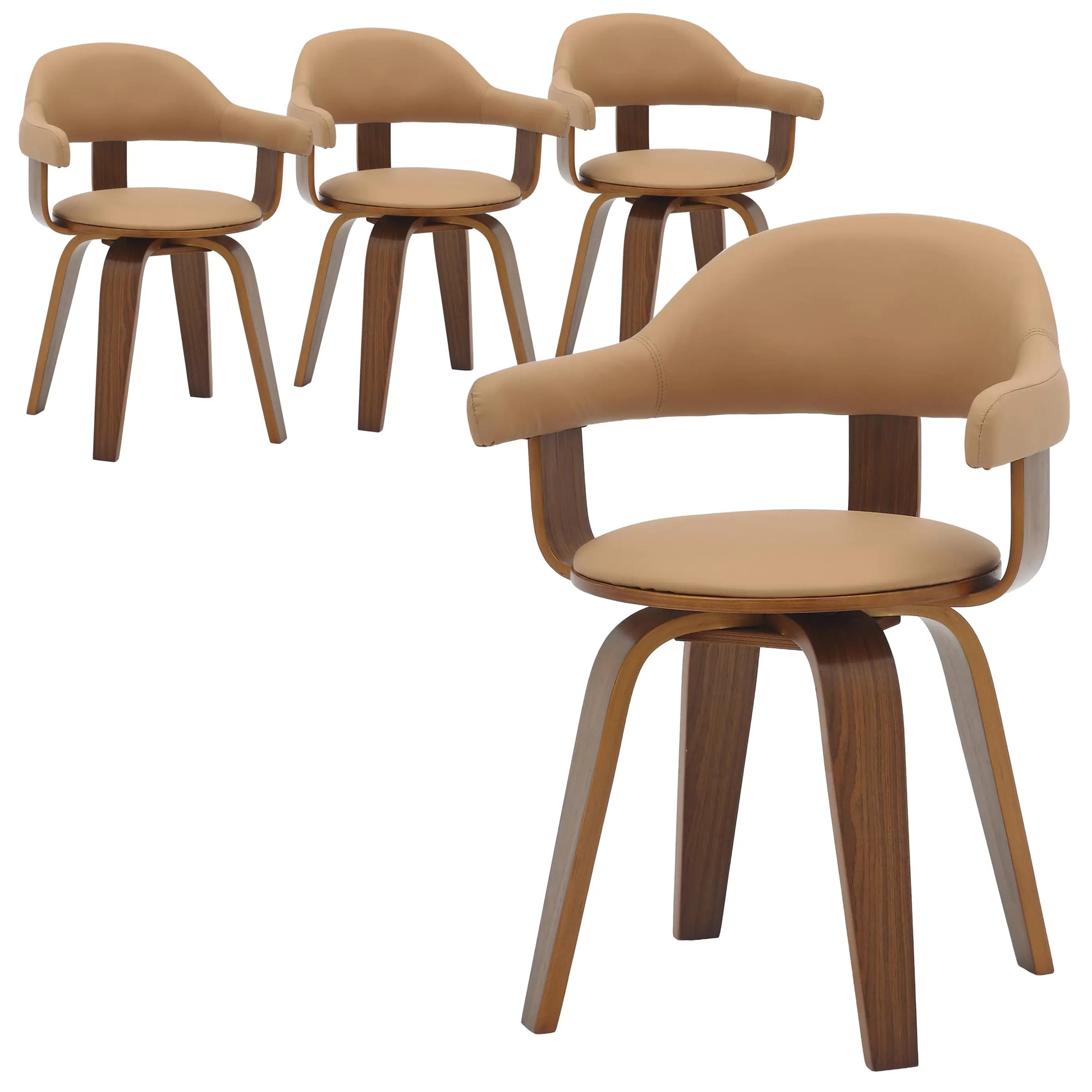Leisuremod Dining Chair Brown Brivo Leather Dining Chair with Wooden Legs, Open-Back Swivel Armchair with Poplar Wood Base Set of 4