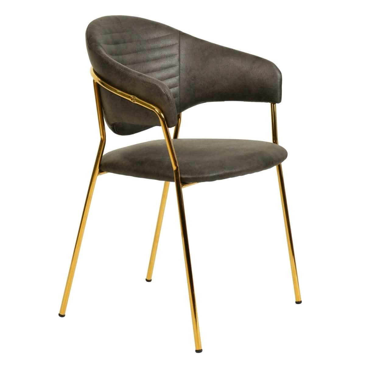 Bella Dining Chair Upholsted in Leather or Velvet in Gold Stainless Steel Charcoal Leather Dining Chair Leisuremod