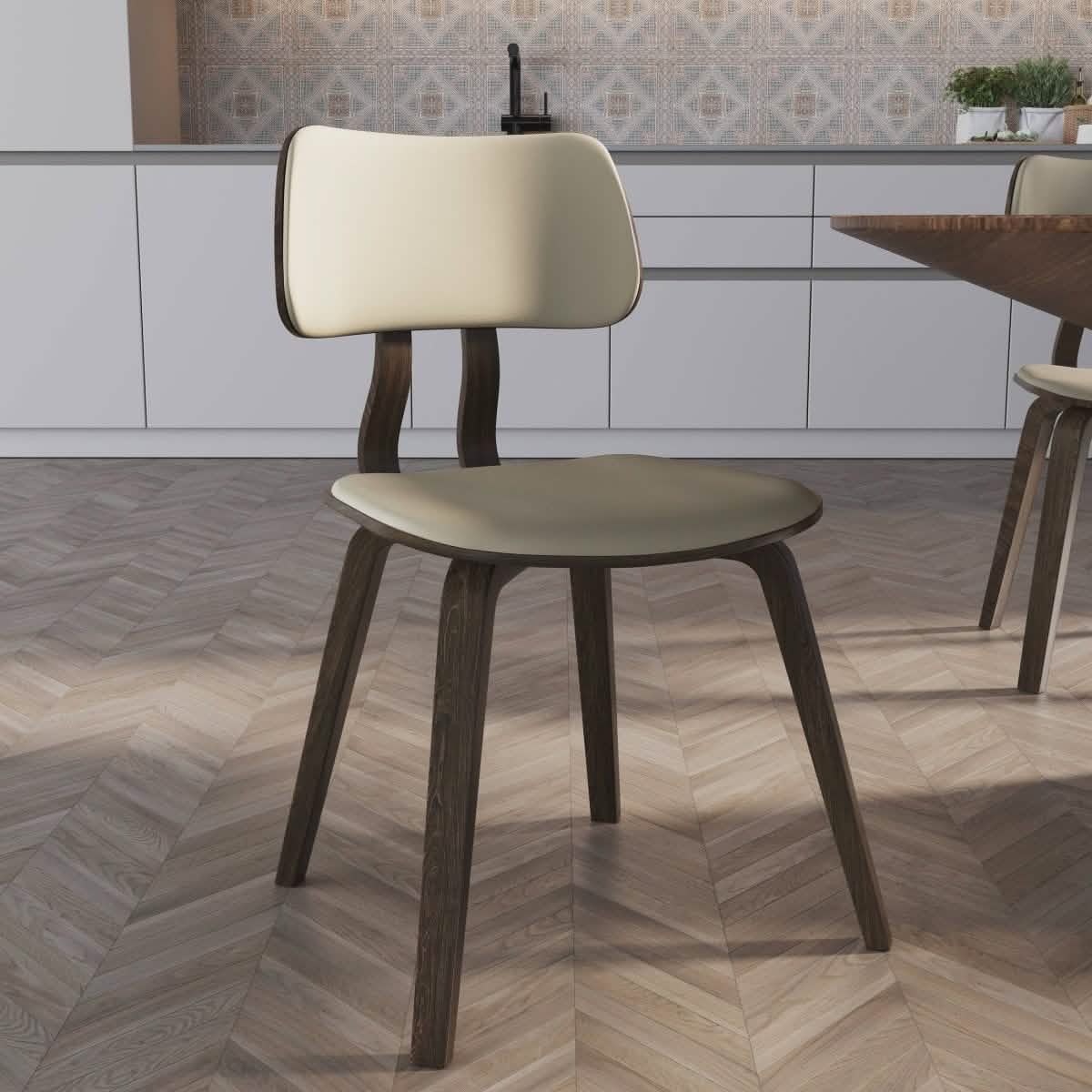 Clivo Modern Wooden Dining Chair Upholstered in Leather With Walnut Color Frame Dark Walnut Taupe Dining Chair Leisuremod