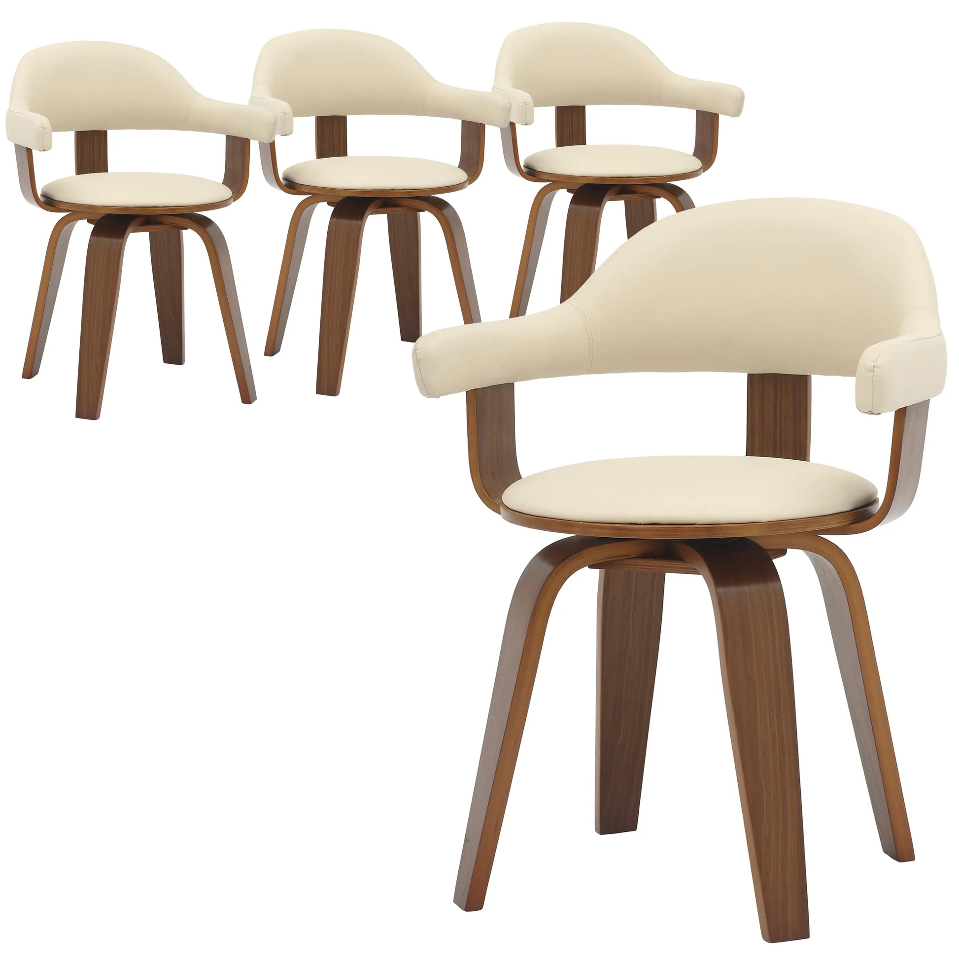 Leisuremod Dining Chair Cream Brivo Leather Dining Chair with Wooden Legs, Open-Back Swivel Armchair with Poplar Wood Base Set of 4