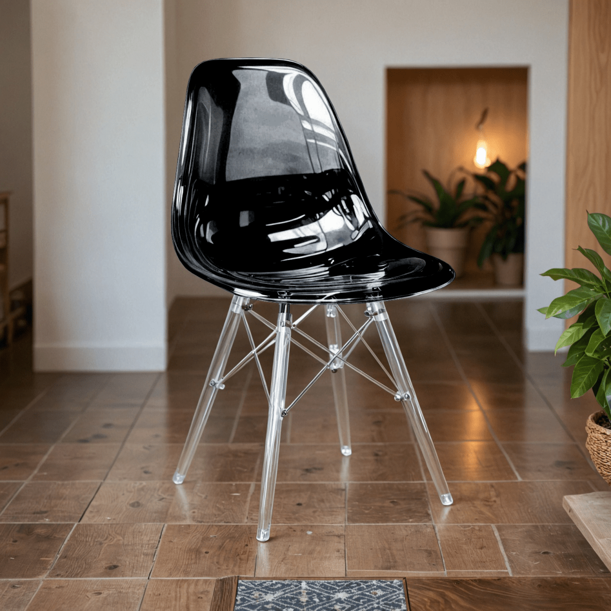 Cresco Modern Dining Side Chair in Curved Back Design with Multiple Base Options: Wood, Acrylic, Chrome & Gold Eiffel Design Acrylic Transparent Transparent Black Dining Chair Leisuremod