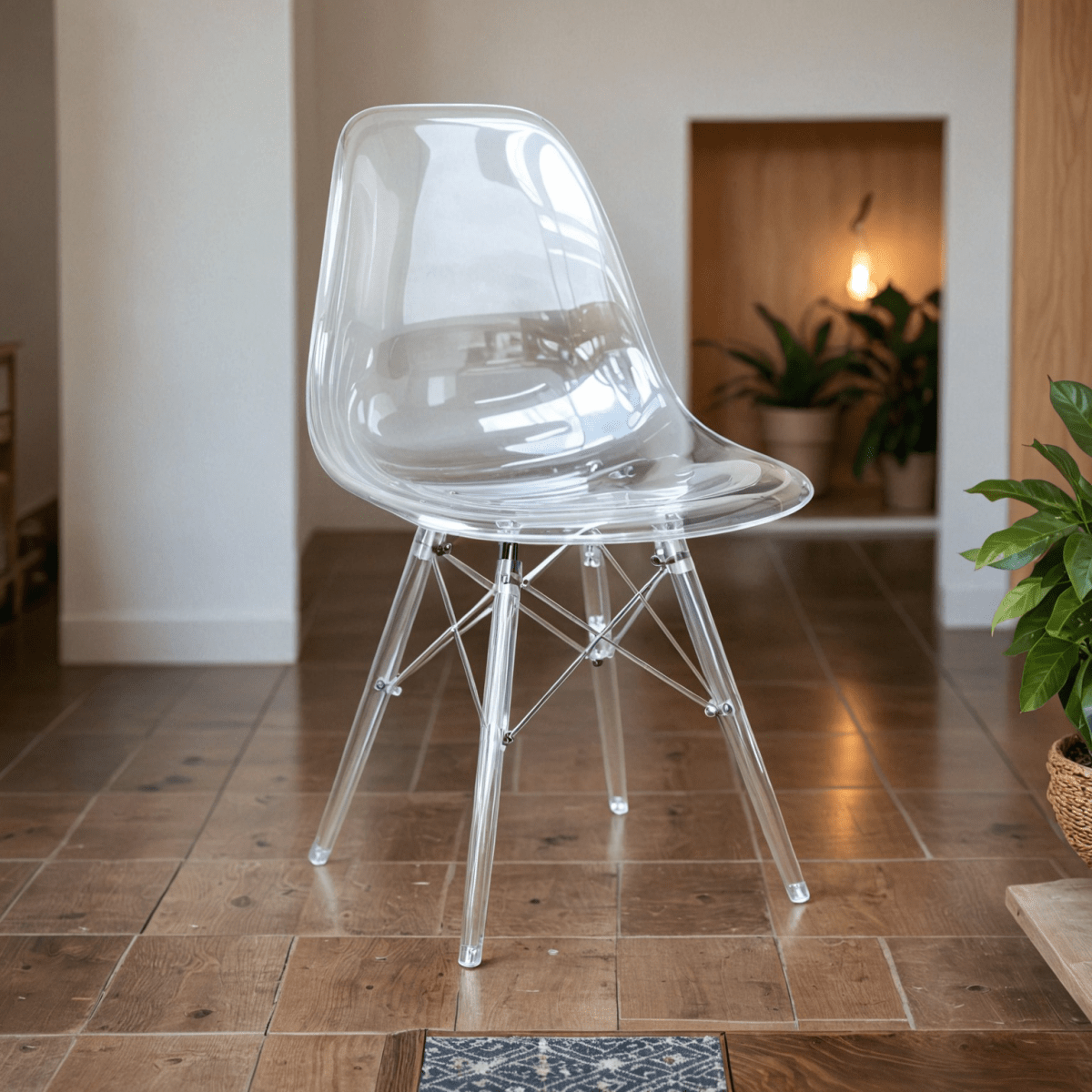 Cresco Modern Dining Side Chair in Curved Back Design with Multiple Base Options: Wood, Acrylic, Chrome & Gold Eiffel Design Acrylic Transparent Clear Dining Chair Leisuremod