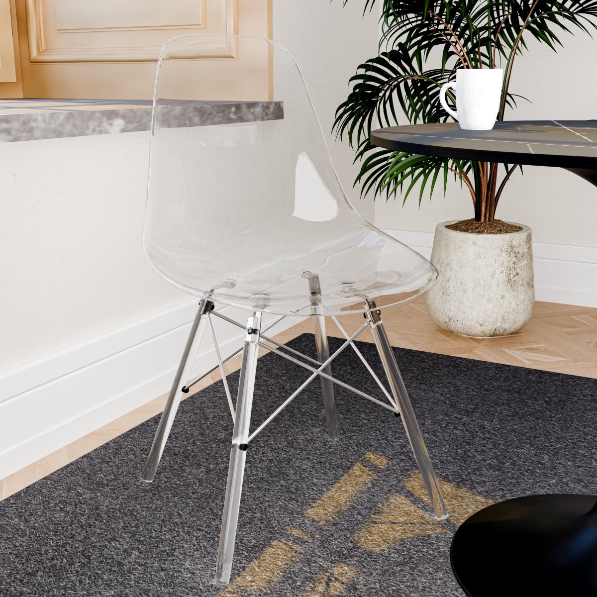 Cresco Modern Dining Side Chair in Curved Back Design with Multiple Base Options: Wood, Acrylic, Chrome & Gold Eiffel Design Acrylic Transparent Clear Dining Chair Leisuremod