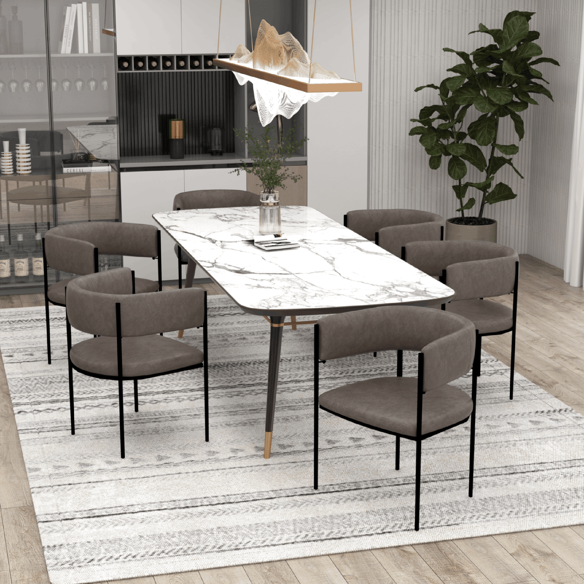 Cyril Dining Chair in Leather or Velvet with Open Back Design and Powder-Coated Iron Frame Charcoal Dining Chair Leisuremod