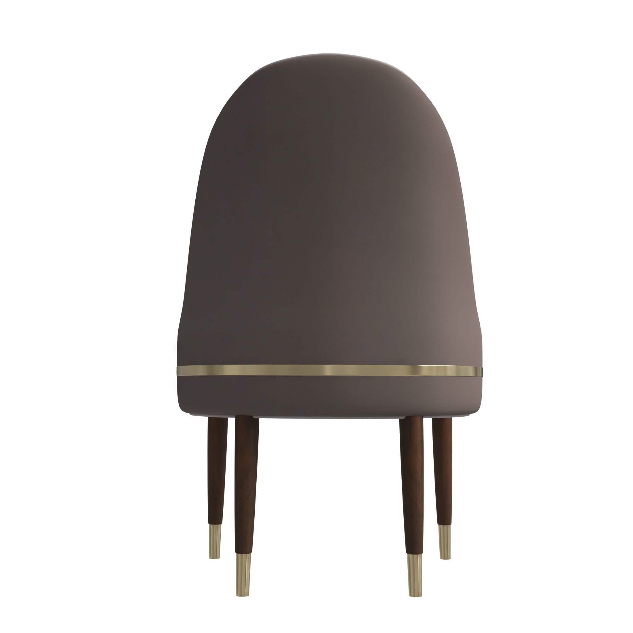 Elara Leather Dining Chair with Elegant Ripple Back and Gold Accents in Rubberwood Taupe Dining Chair Leisuremod
