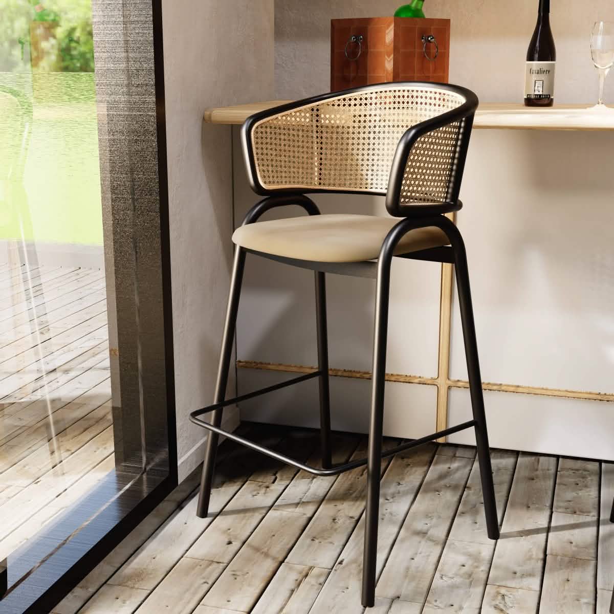 Ervilla Wicker Bar Stool with Leather Seat and Black/White Stainless Steel Frame Black Beige Dining Chair Leisuremod