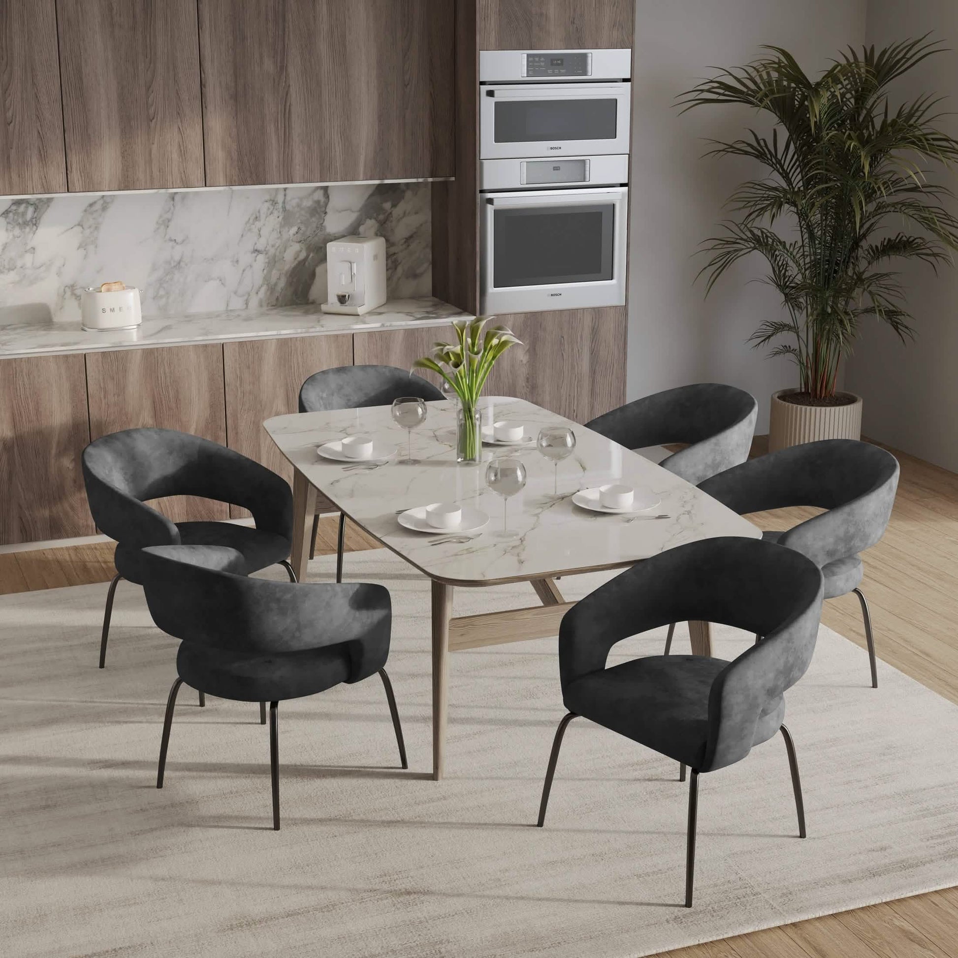 Gavin Dining Chair Upholstered in Leather/Velvet with Open Curved Backrest in Black Iron Velvet Charcoal Dining Chair Leisuremod