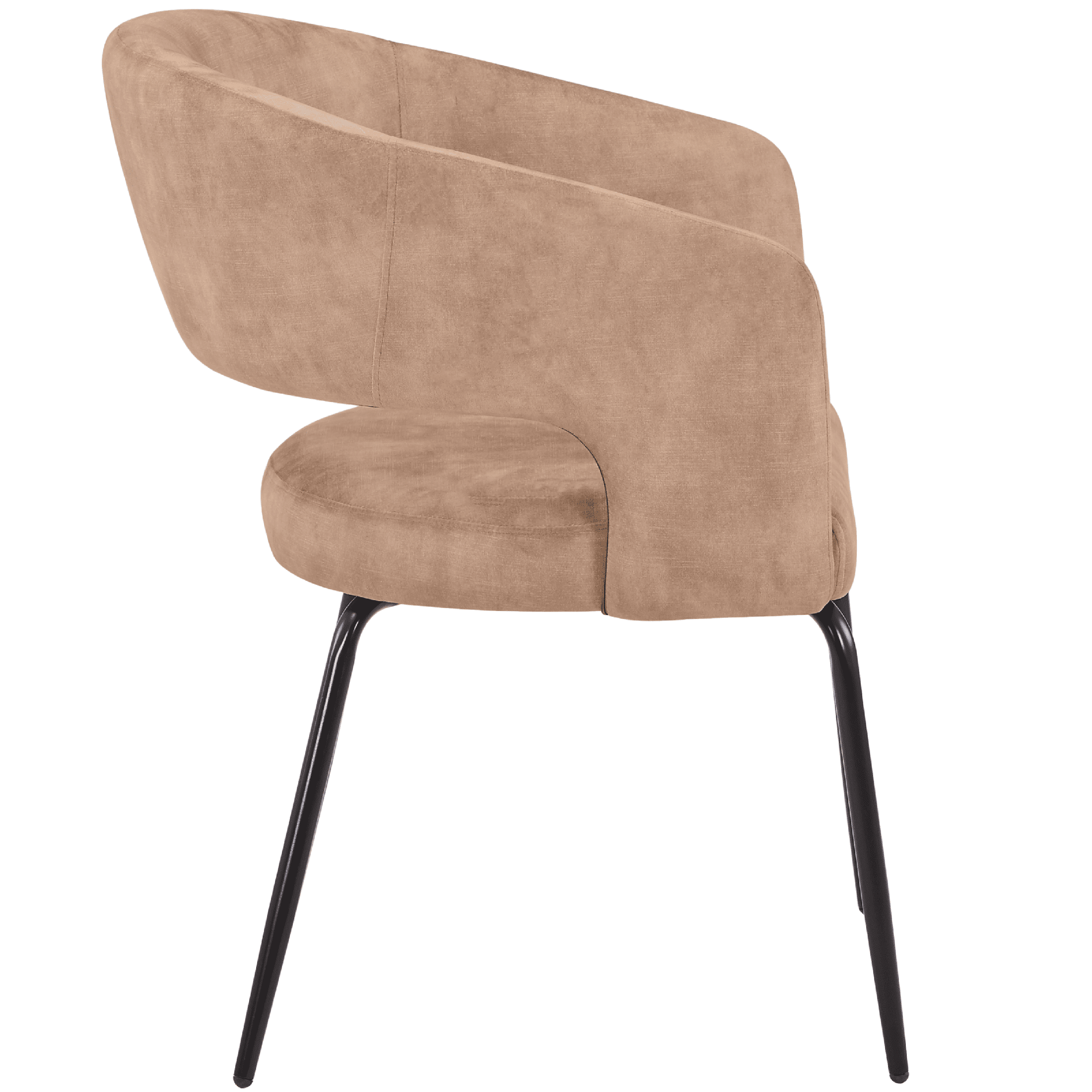 Gavin Dining Chair Upholstered in Leather/Velvet with Open Curved Backrest in Black Iron Velvet Light Brown Dining Chair Leisuremod