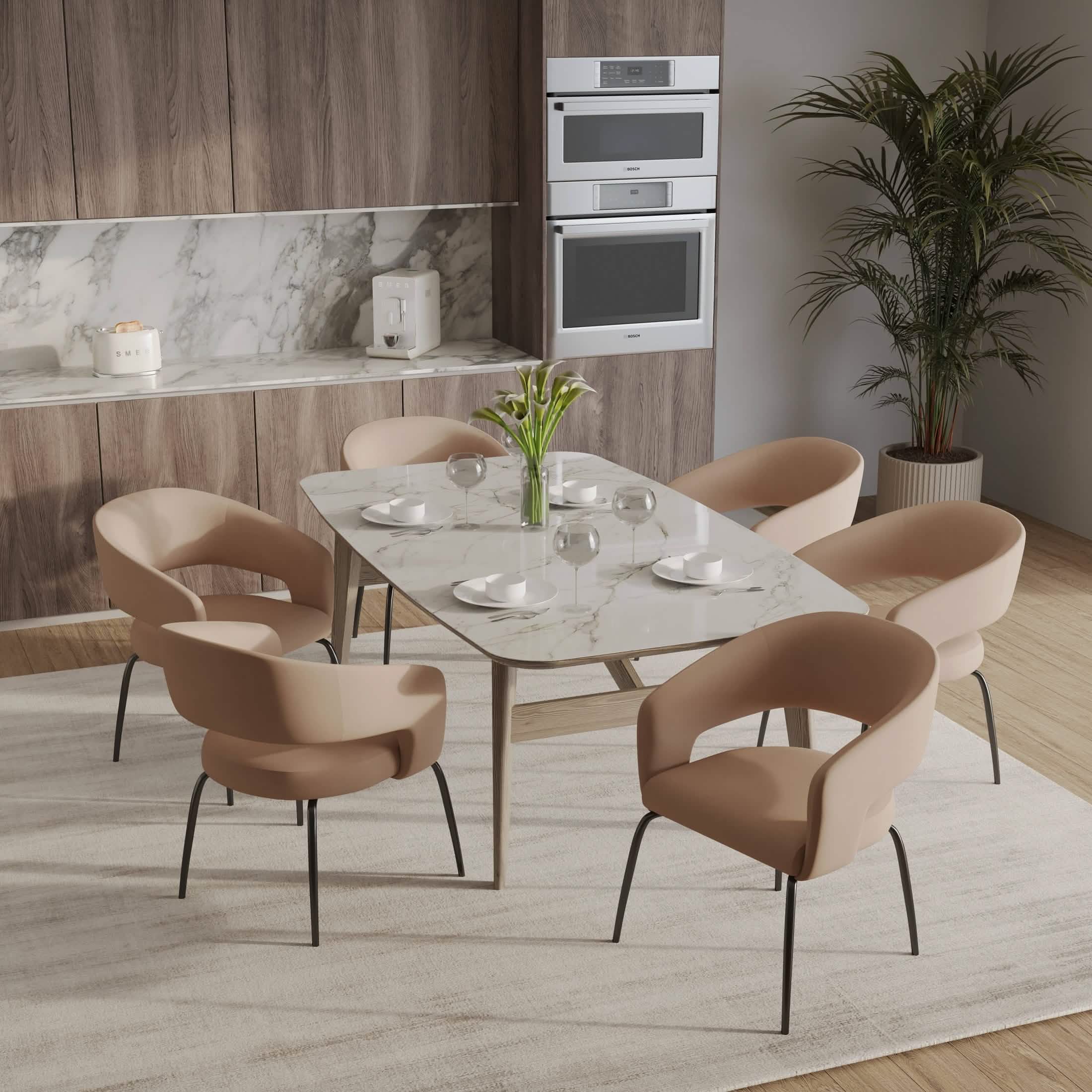 Gavin Dining Chair Upholstered in Leather/Velvet with Open Curved Backrest in Black Iron Velvet Light Brown Dining Chair Leisuremod