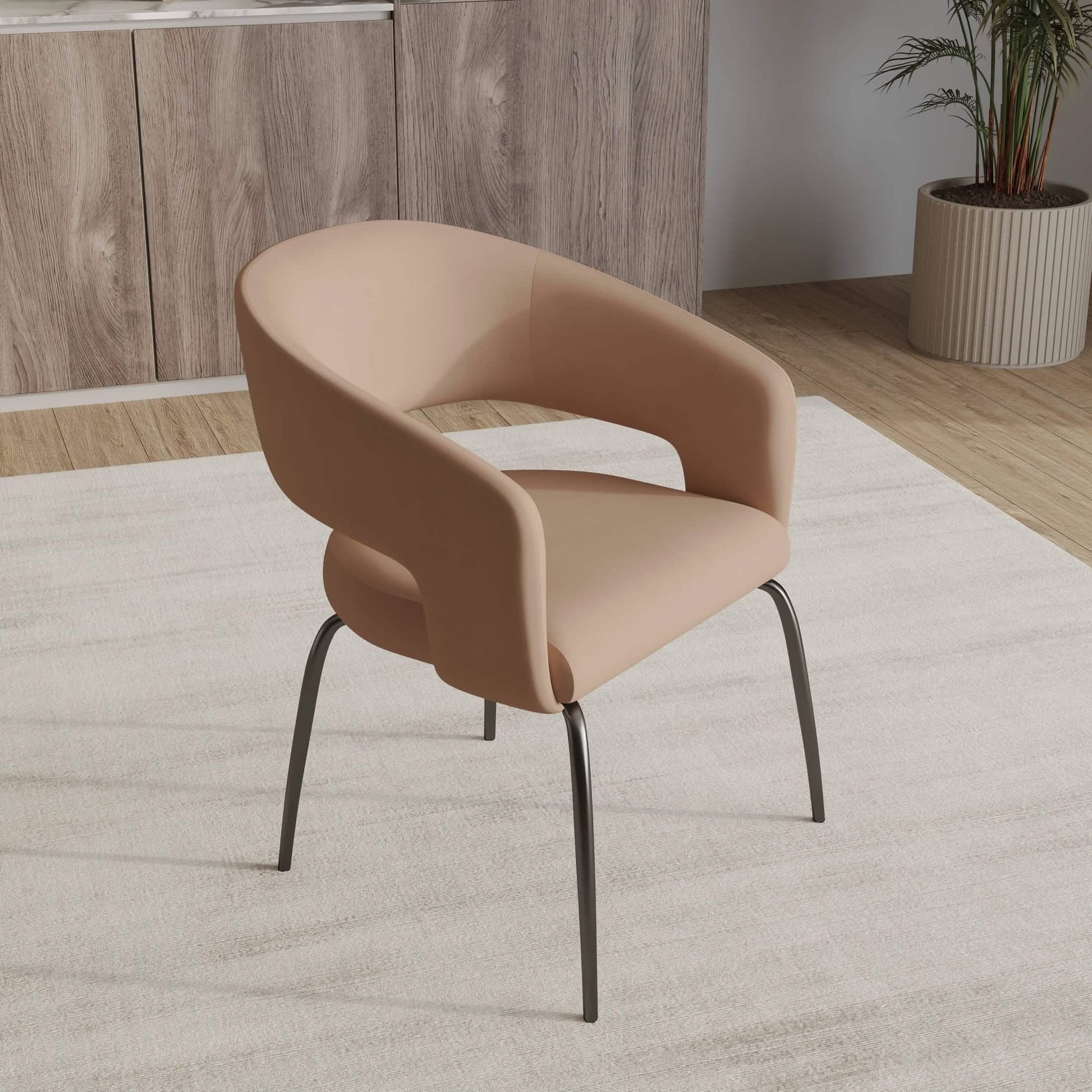 Gavin Dining Chair Upholstered in Leather/Velvet with Open Curved Backrest in Black Iron Velvet Light Brown Dining Chair Leisuremod
