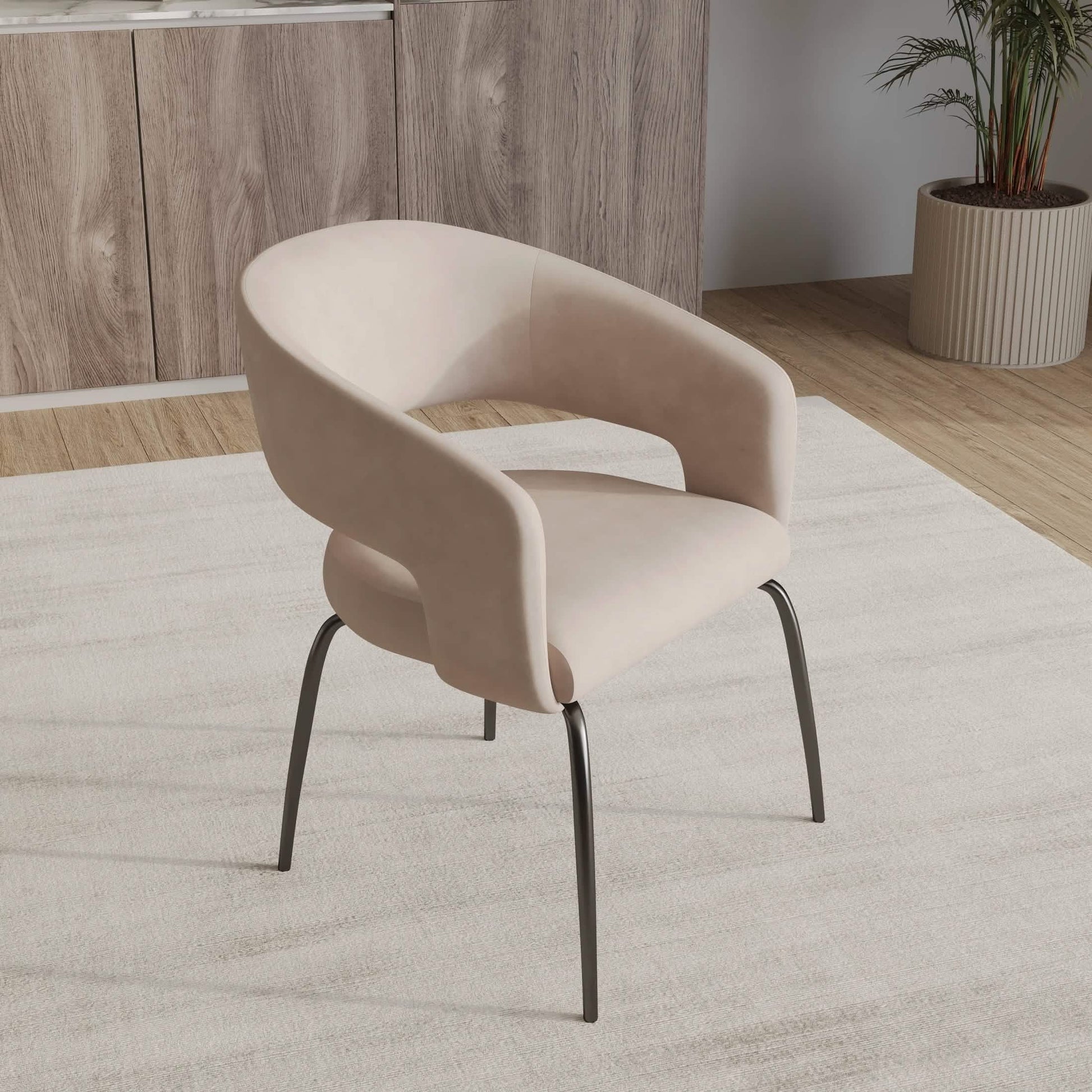 Gavin Dining Chair Upholstered in Leather/Velvet with Open Curved Backrest in Black Iron Leather Taupe Dining Chair Leisuremod