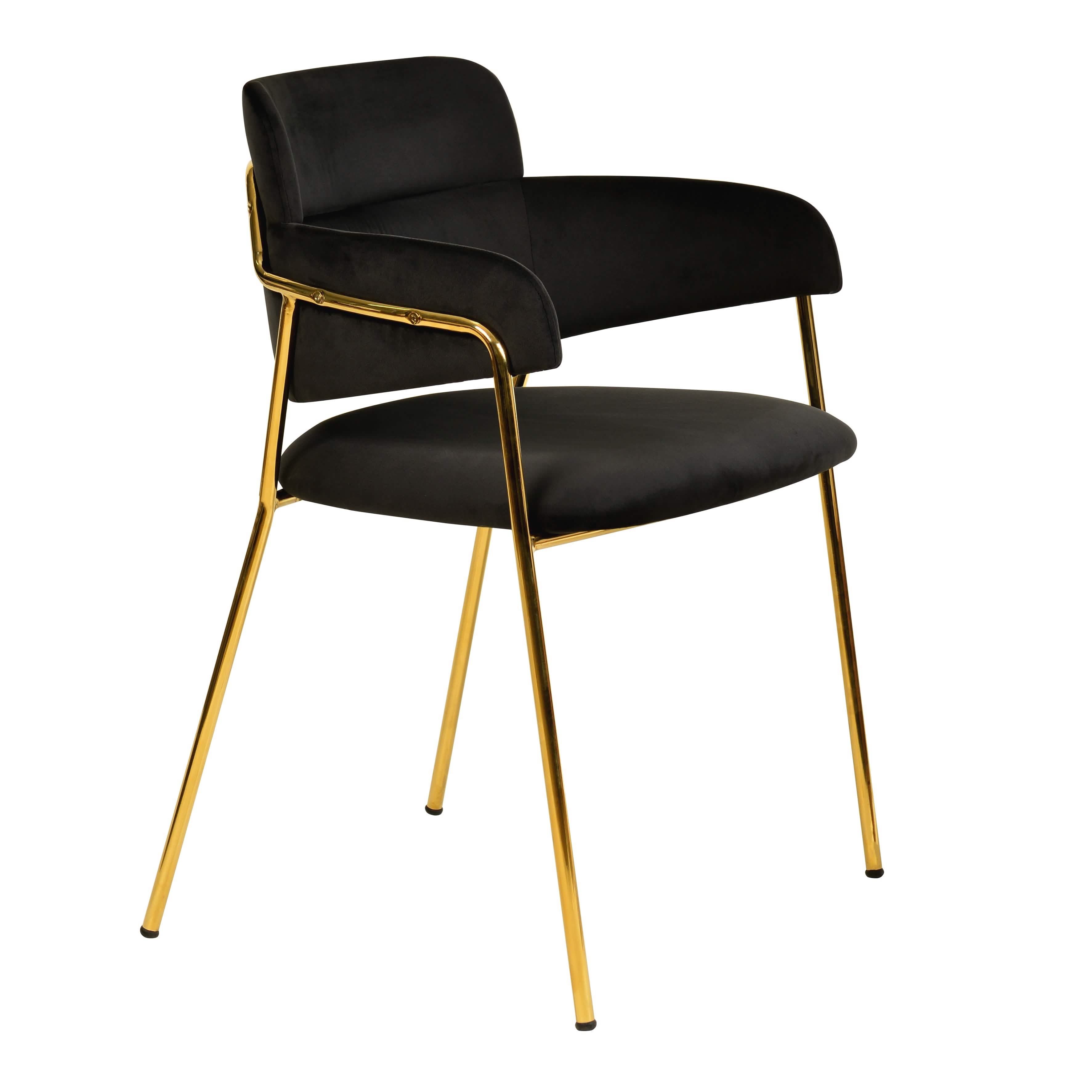 Axis Upholstered Dining Chair with Curved Open-Back and Arms and Black/Gold Stainless Steel Legs Gold Velvet Black Dining Chair Leisuremod