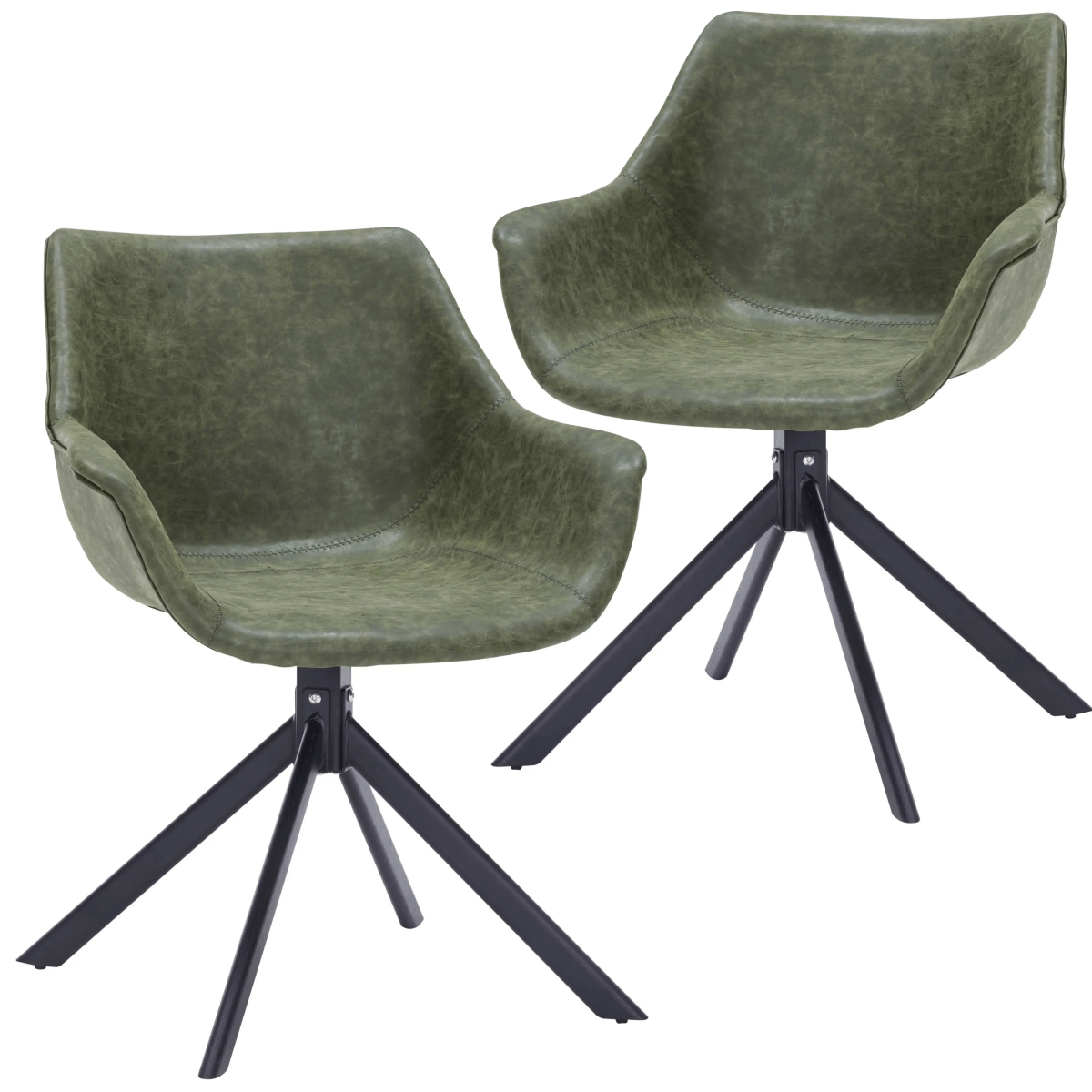 Leisuremod Dining Chair Green Markley Leather Swivel Dining Armchair with Black Iron Base Set of 2