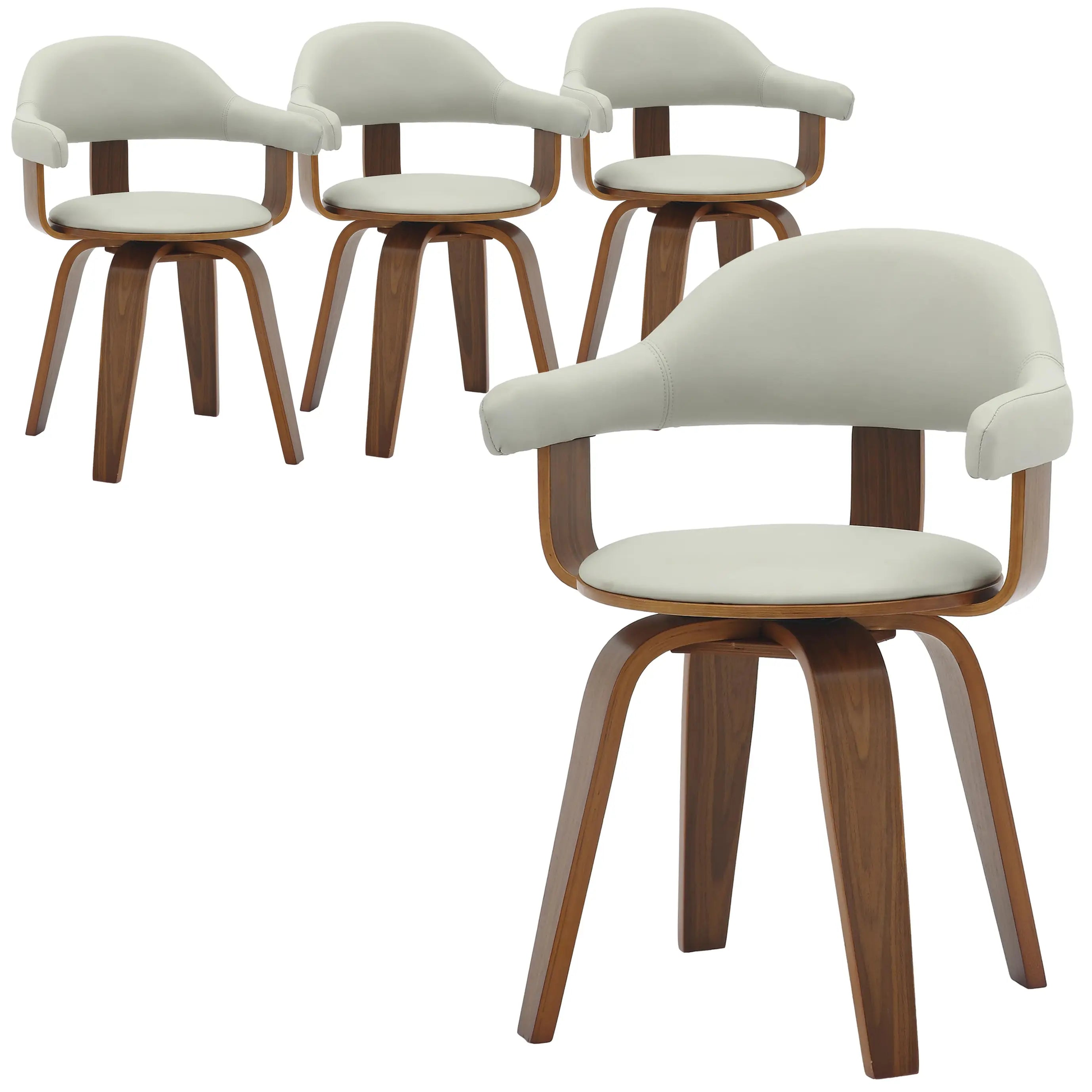 Leisuremod Dining Chair Grey Brivo Leather Dining Chair with Wooden Legs, Open-Back Swivel Armchair with Poplar Wood Base Set of 4