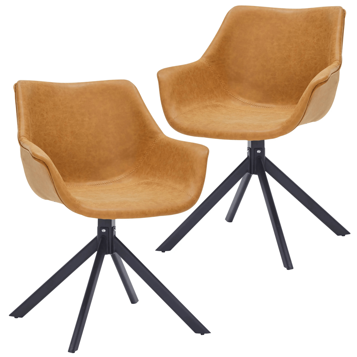Leisuremod Dining Chair Light Brown Markley Leather Swivel Dining Armchair with Black Iron Base Set of 2