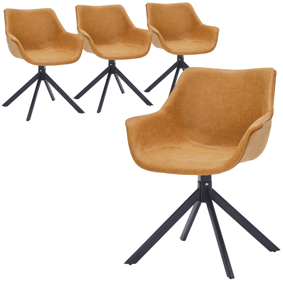 Leisuremod Dining Chair Light Brown Markley Leather Swivel Dining Armchair with Black Iron Base Set of 4