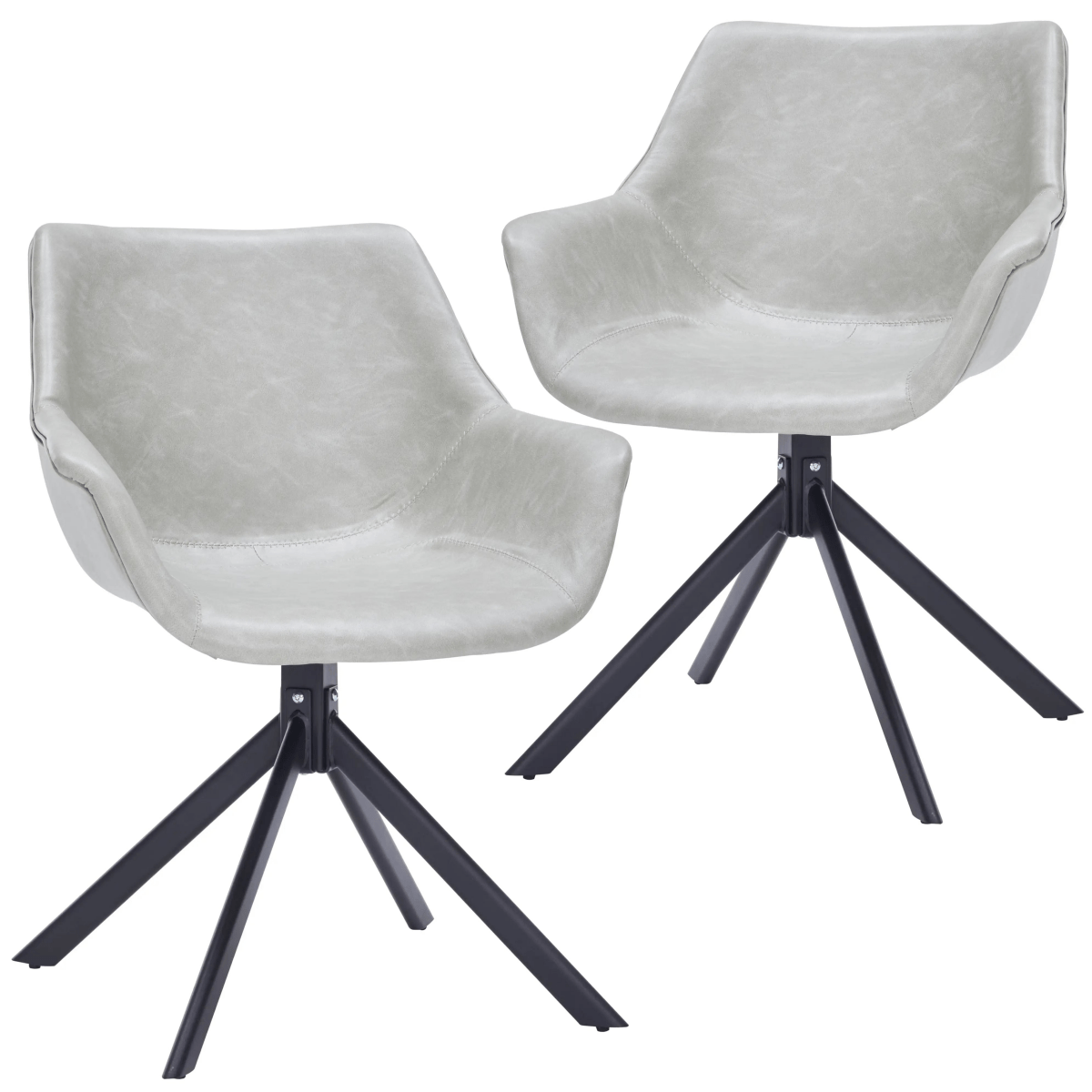 Leisuremod Dining Chair Light Grey Markley Leather Swivel Dining Armchair with Black Iron Base Set of 2